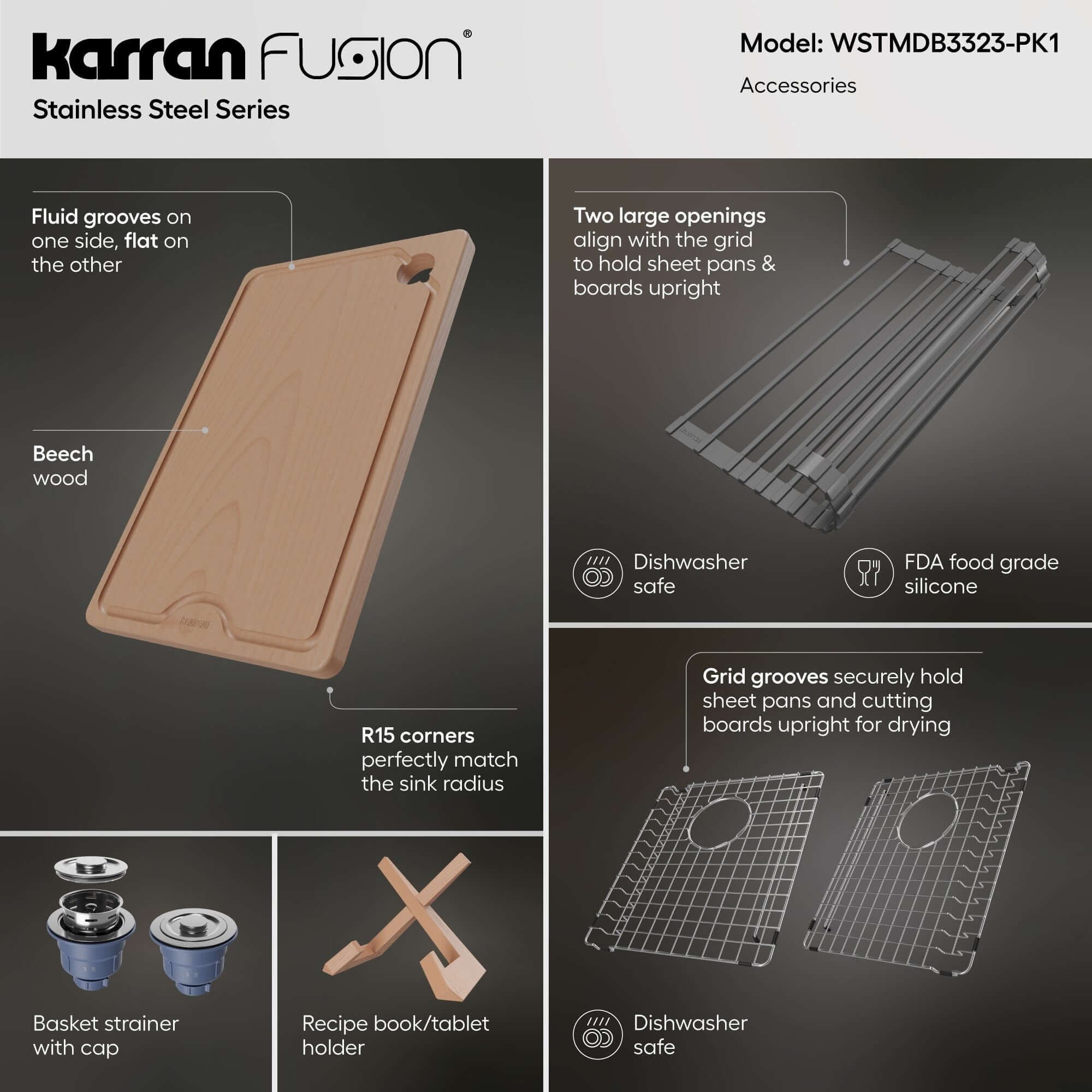 Karran Fusion 33" Drop In/Topmount Stainless Steel Workstation Kitchen Sink with Accessories, 50/50 Double Bowl, 16 Gauge, WSTMDB3323-PK1