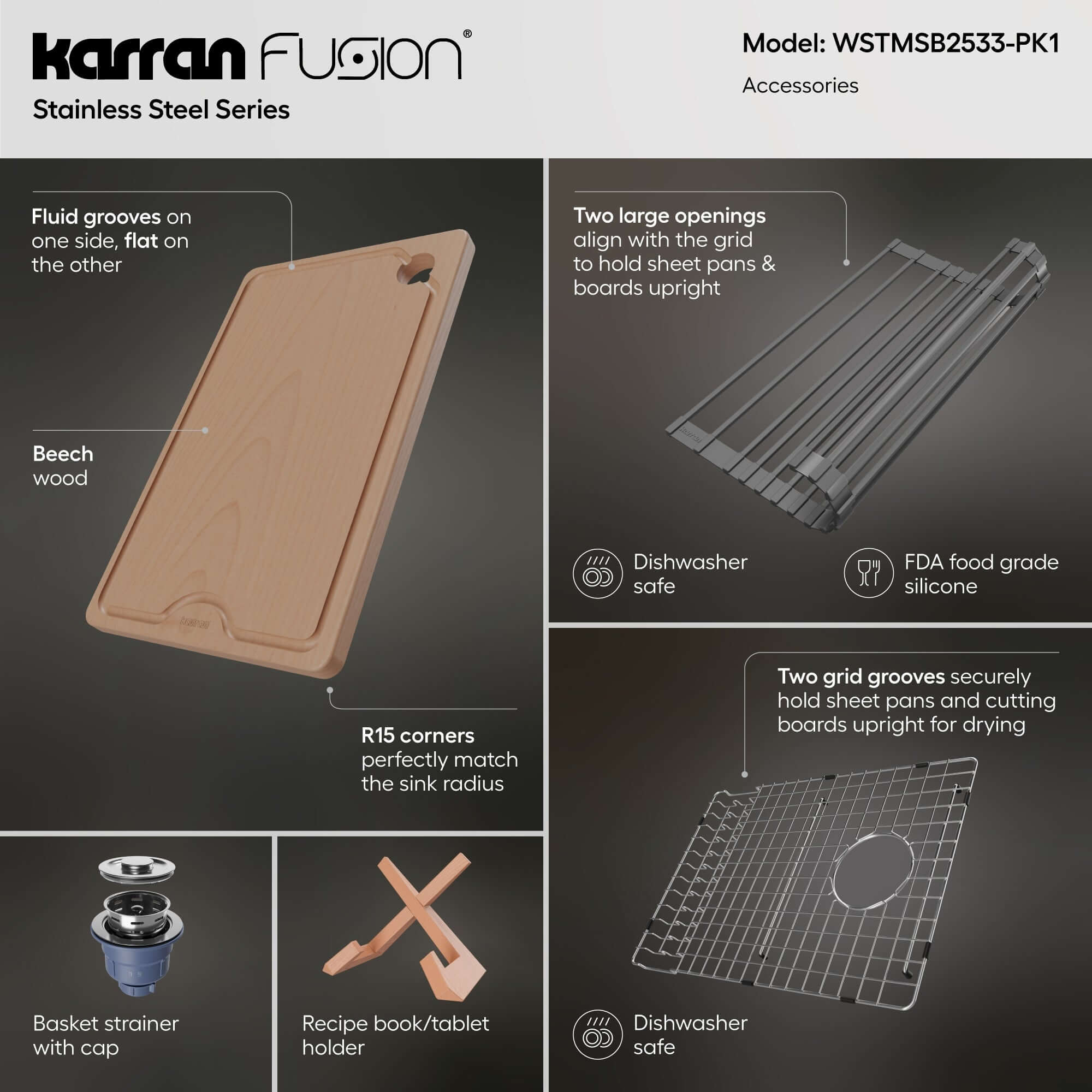 Karran Fusion 25" Drop In/Topmount Stainless Steel Workstation Kitchen Sink with Accessories, 16 Gauge, WSTMSB2533-PK1