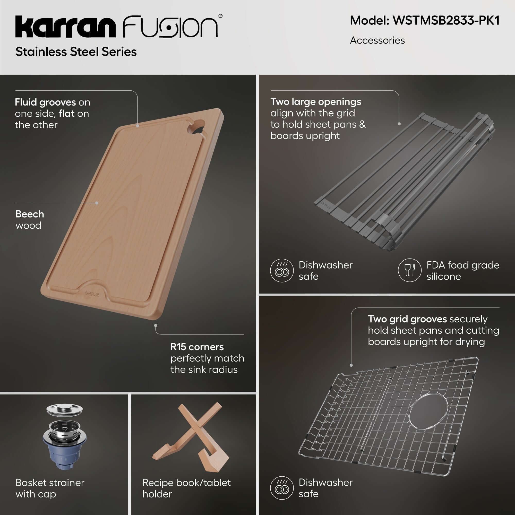 Karran Fusion 28" Drop In/Topmount Stainless Steel Workstation Kitchen Sink with Accessories, 16 Gauge, WSTMSB2833-PK1