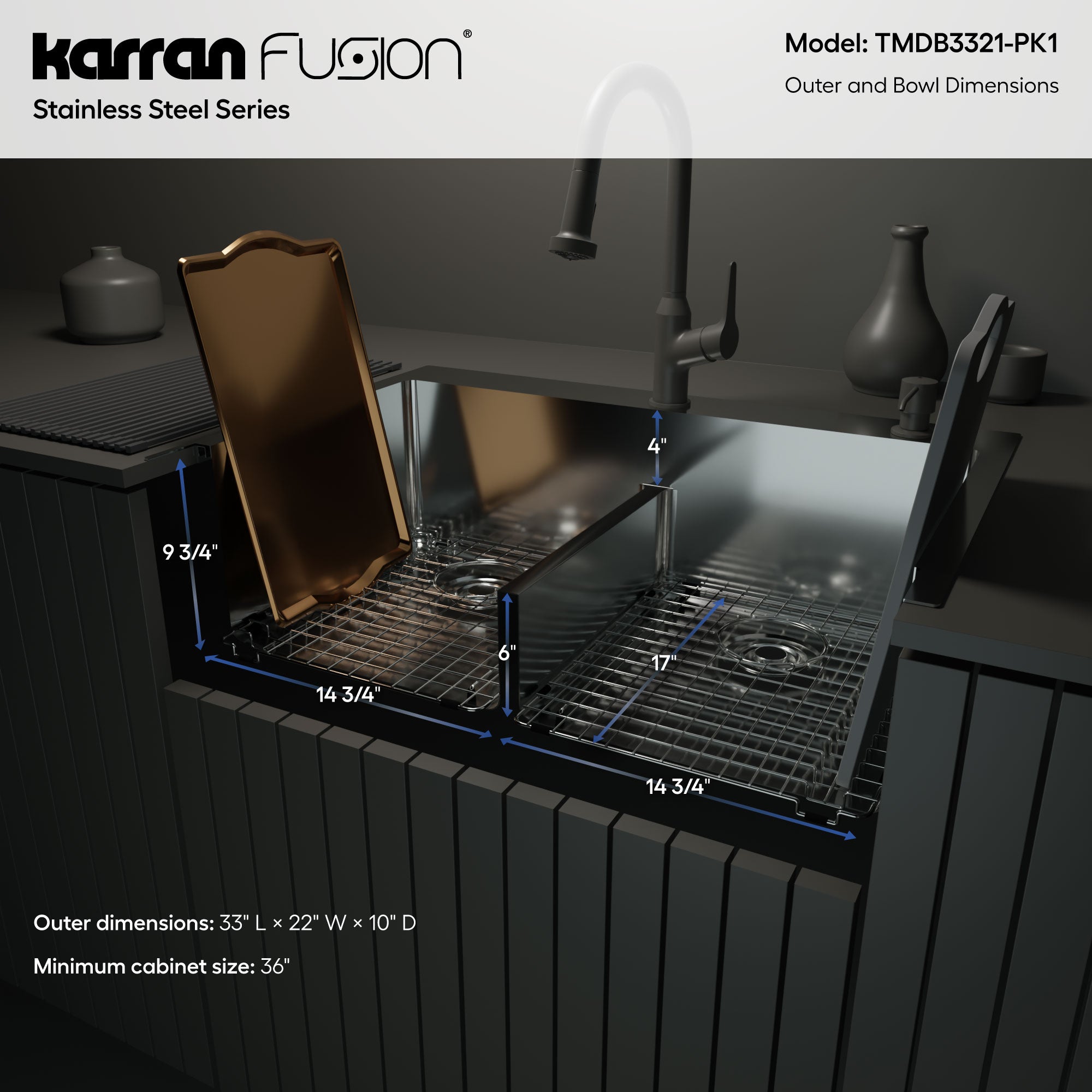 Karran Fusion 33" Drop In/Topmount Stainless Steel Kitchen Sink with Accessories, 50/50 Double Bowl, 16 Gauge, TMDB3321-PK1
