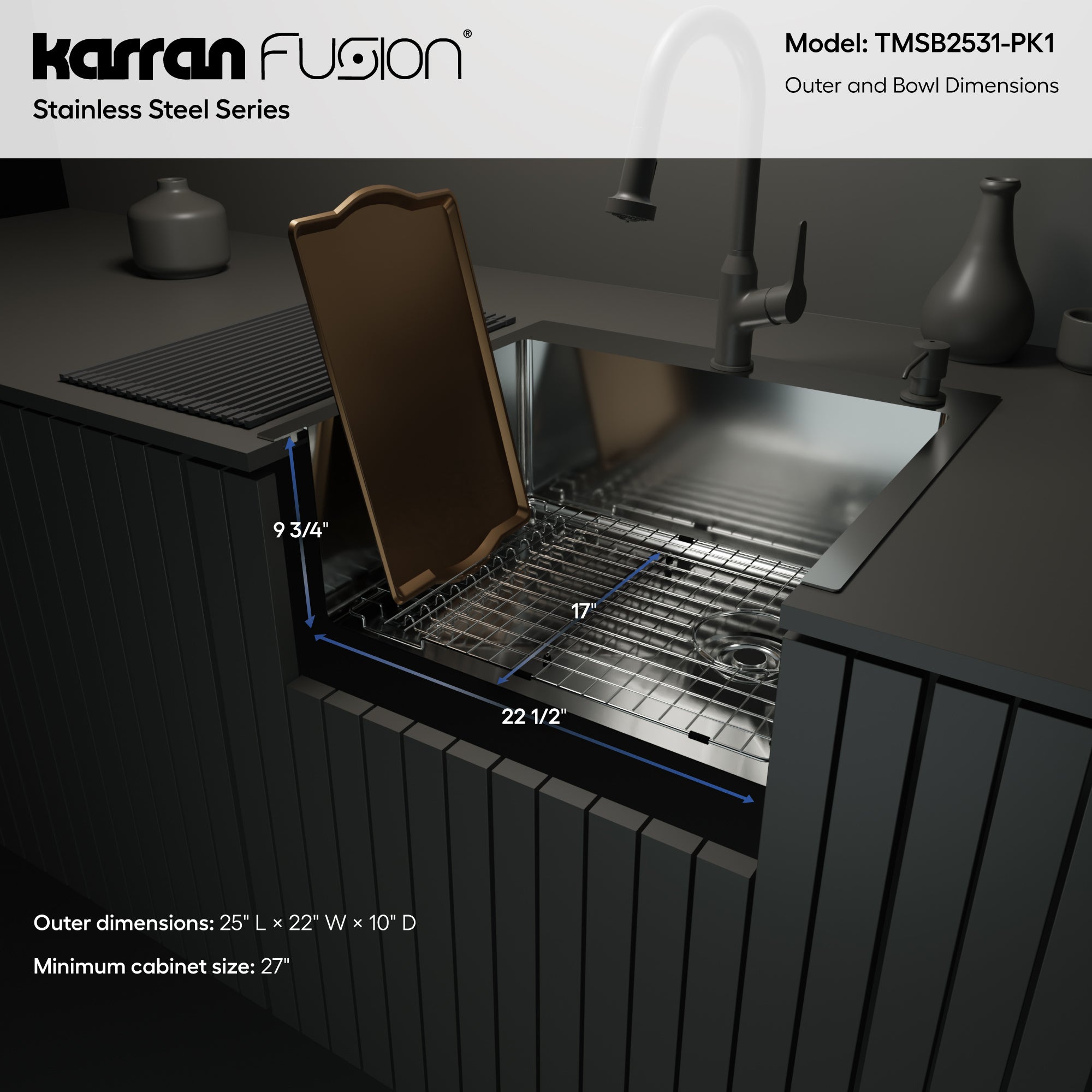 Karran Fusion 25" Drop In/Topmount Stainless Steel ADA Kitchen Sink with Accessories, 16 Gauge, TMSB2531-PK1