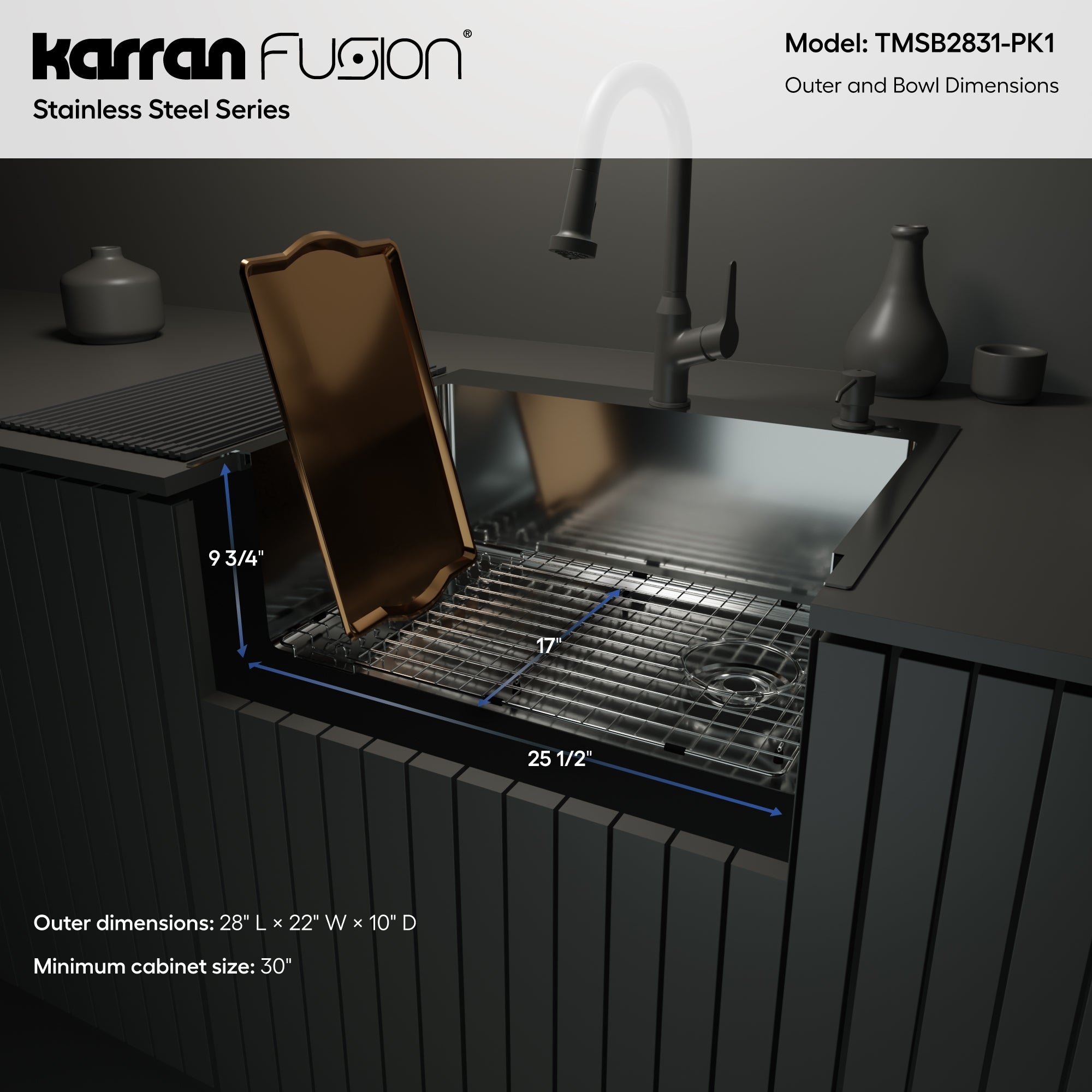 Karran Fusion 28" Drop In/Topmount Stainless Steel Kitchen Sink with Accessories, 16 Gauge, TMSB2831-PK1