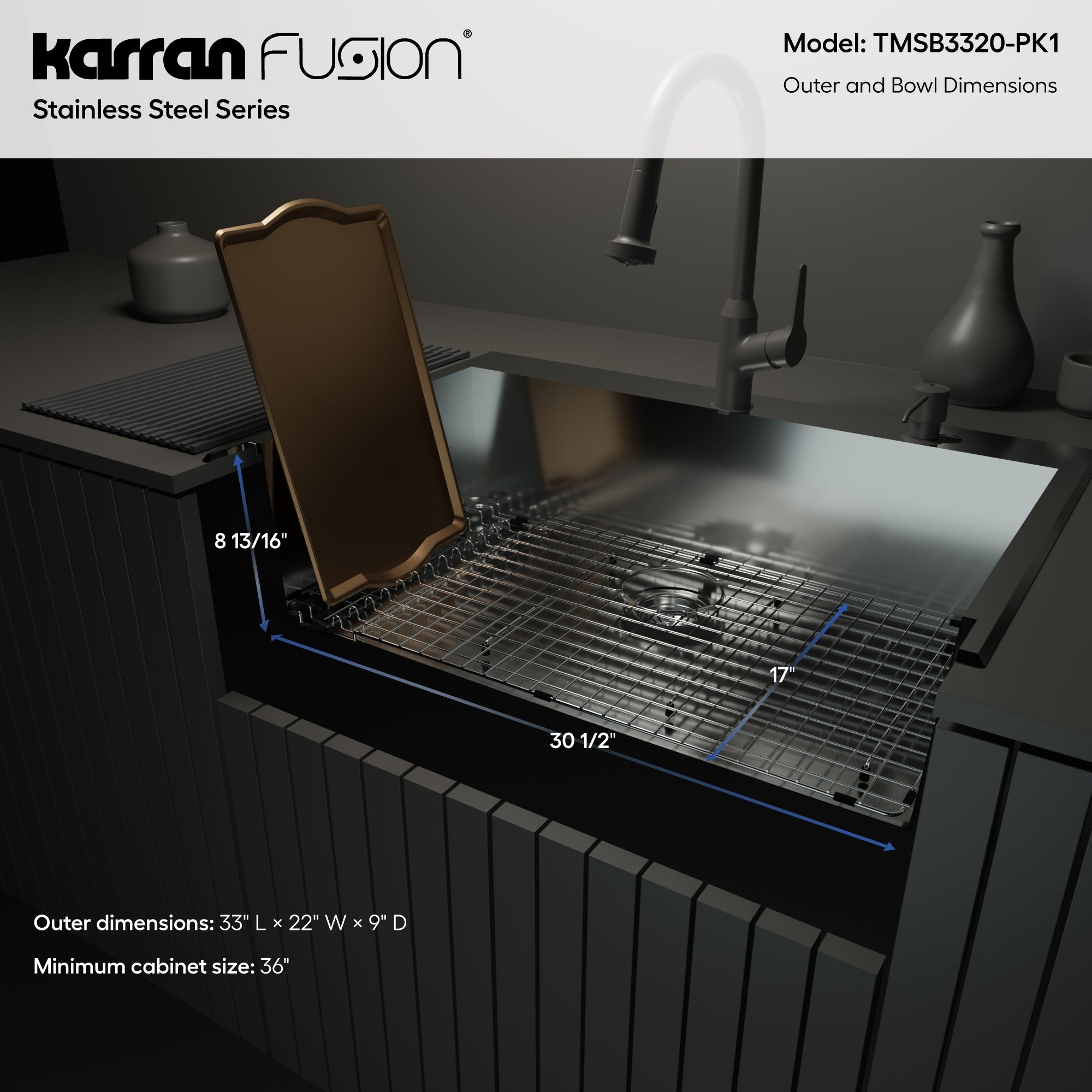 Karran Fusion 33" Drop In/Topmount Stainless Steel ADA Kitchen Sink with Accessories, 18 Gauge, TMSB3320-PK1