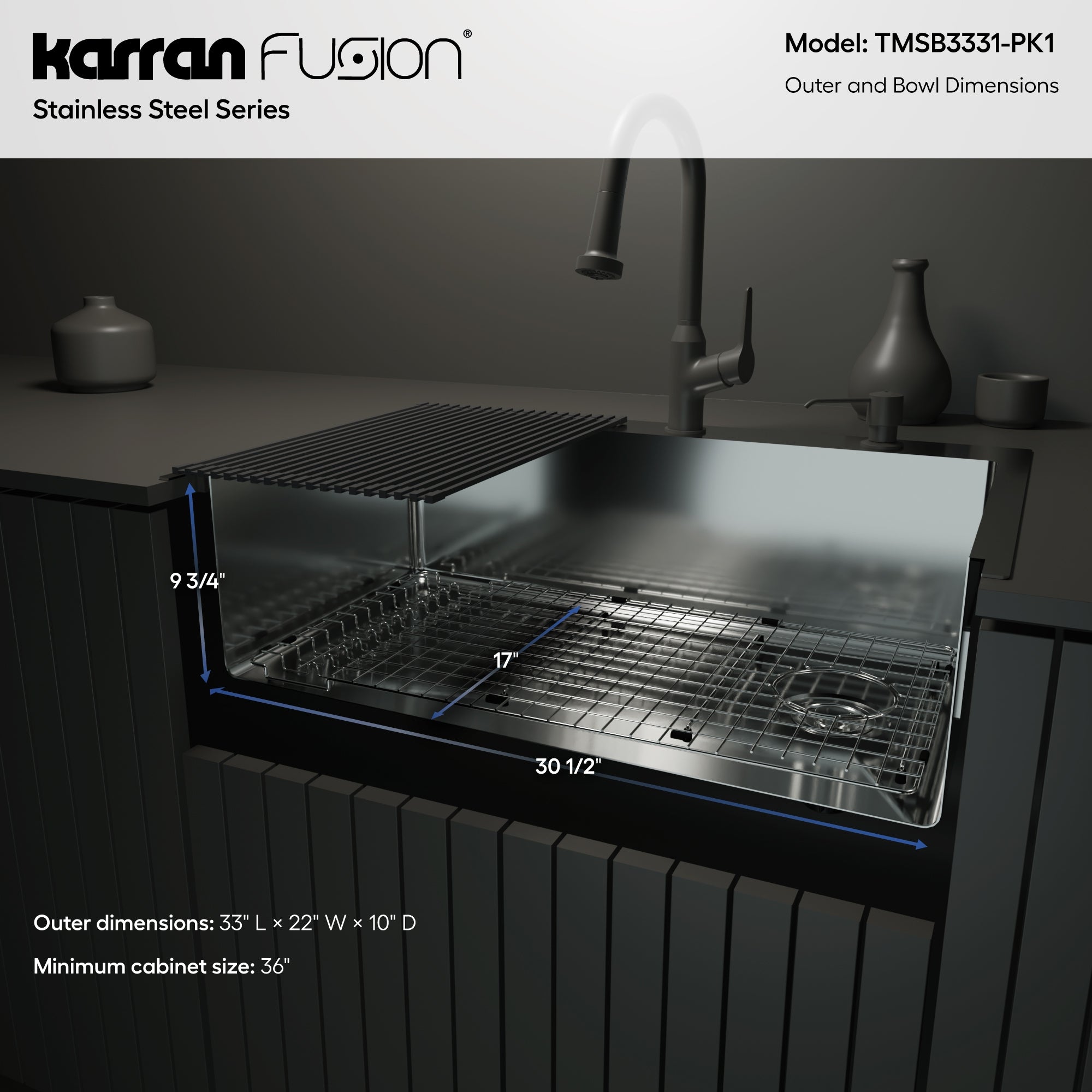 Karran Fusion 33" Drop In/Topmount Stainless Steel Kitchen Sink with Accessories, 16 Gauge, TMSB3331-PK1