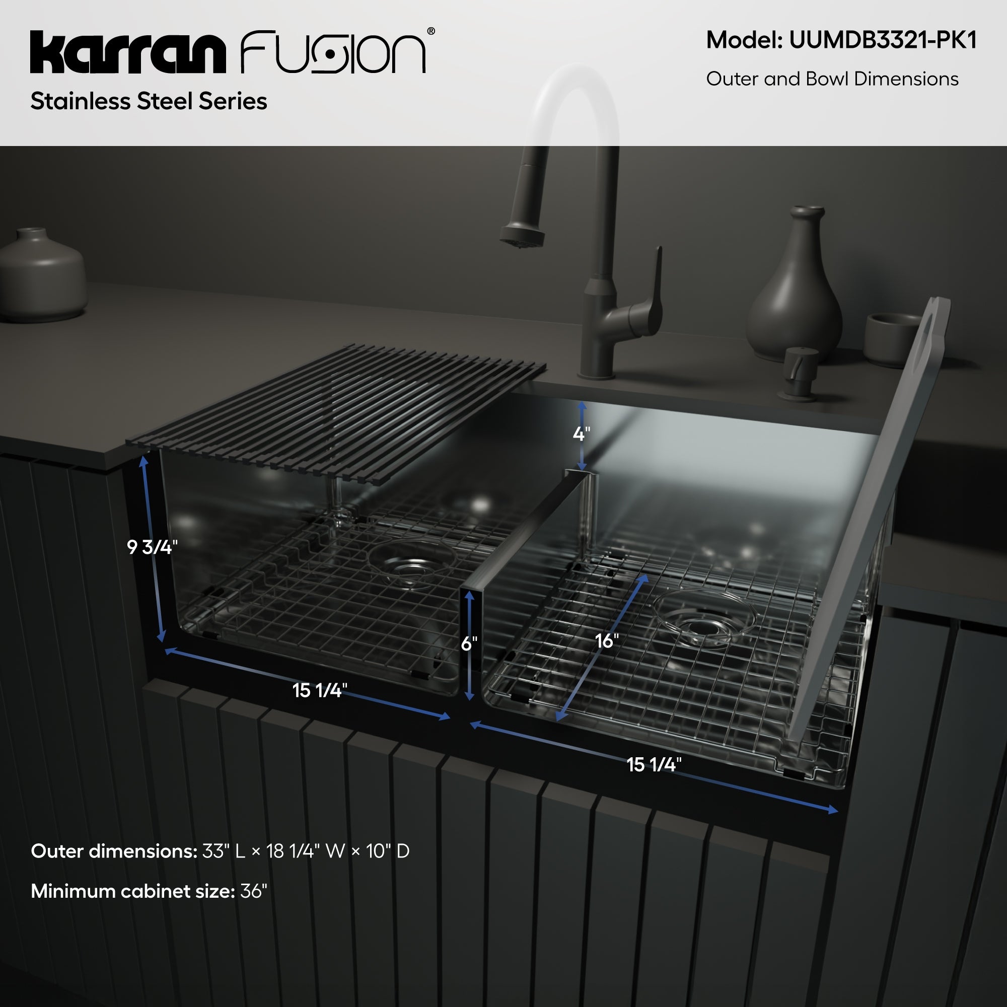 Karran Fusion 33" Undermount Stainless Steel ADA Kitchen Sink with Accessories, 50/50 Double Bowl, 16 Gauge, UUMDB3321-PK1