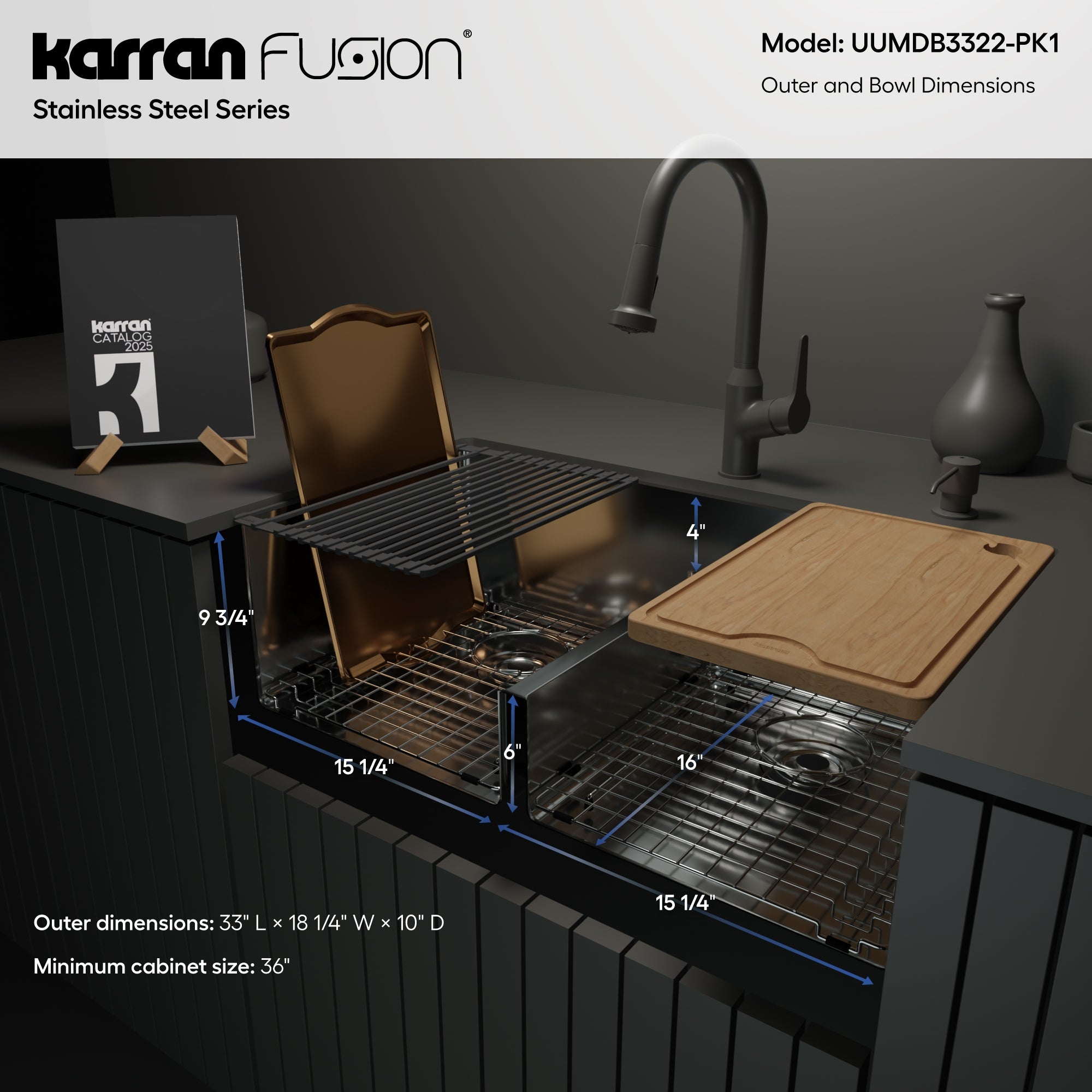 Karran Fusion 33" Undermount Stainless Steel ADA Workstation Kitchen Sink with Accessories, 50/50 Double Bowl, 16 Gauge, UUMDB3322-PK1