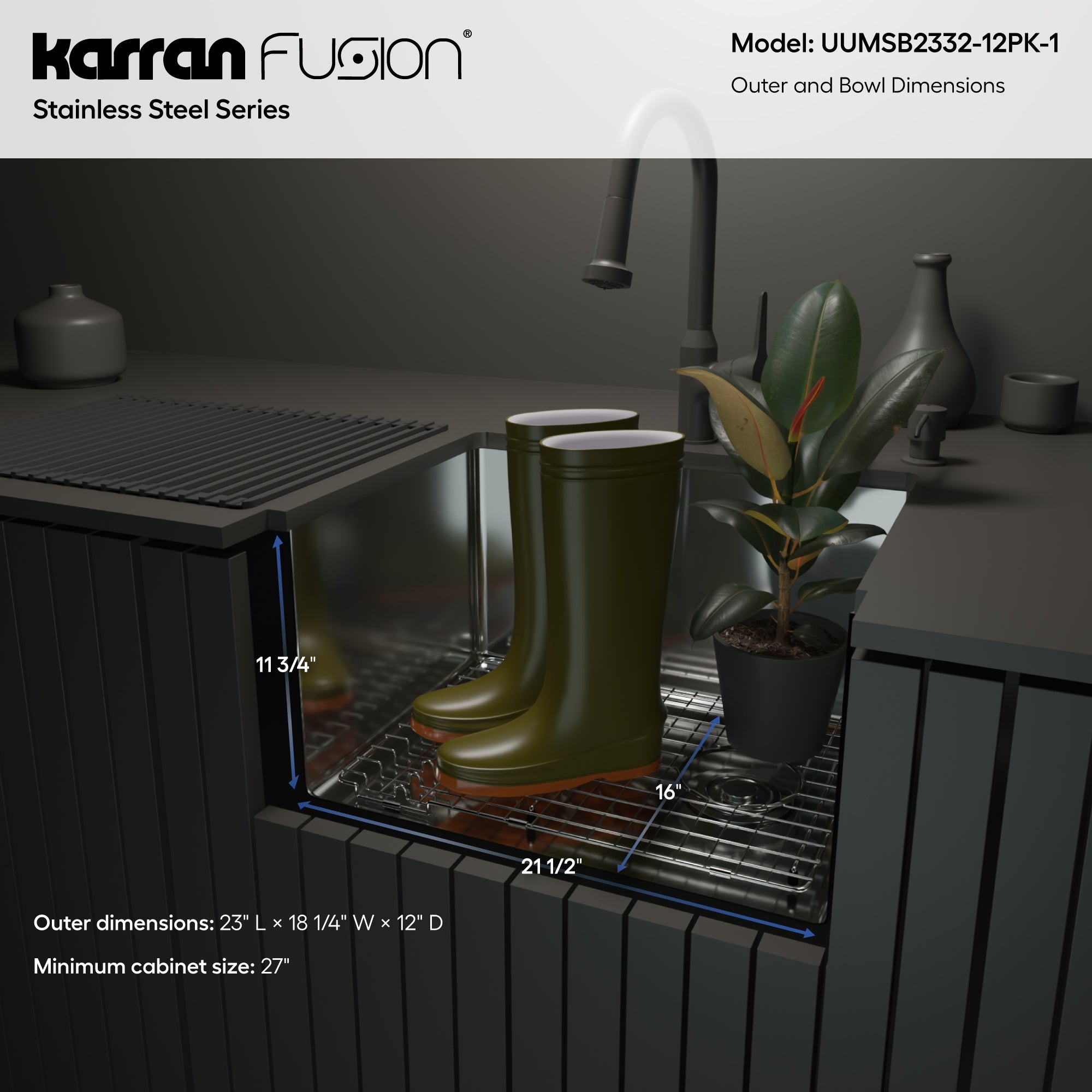 Karran Fusion 23" Undermount Stainless Steel ADA Workstation Kitchen Sink with Accessories, 16 Gauge, UUMSB2332-12PK1