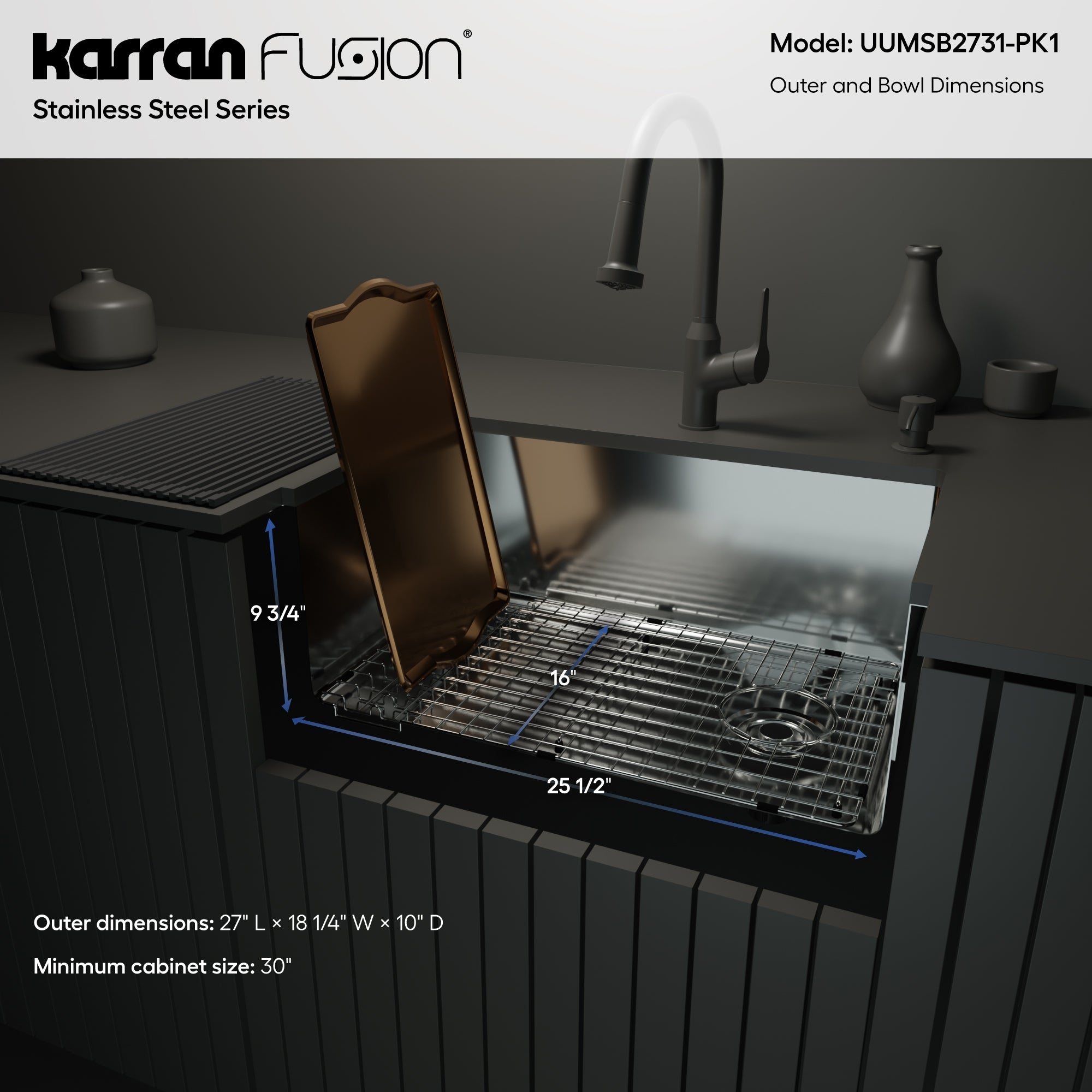 Karran Fusion 27" Undermount Stainless Steel ADA Kitchen Sink with Accessories, 16 Gauge, UUMSB2731-PK1