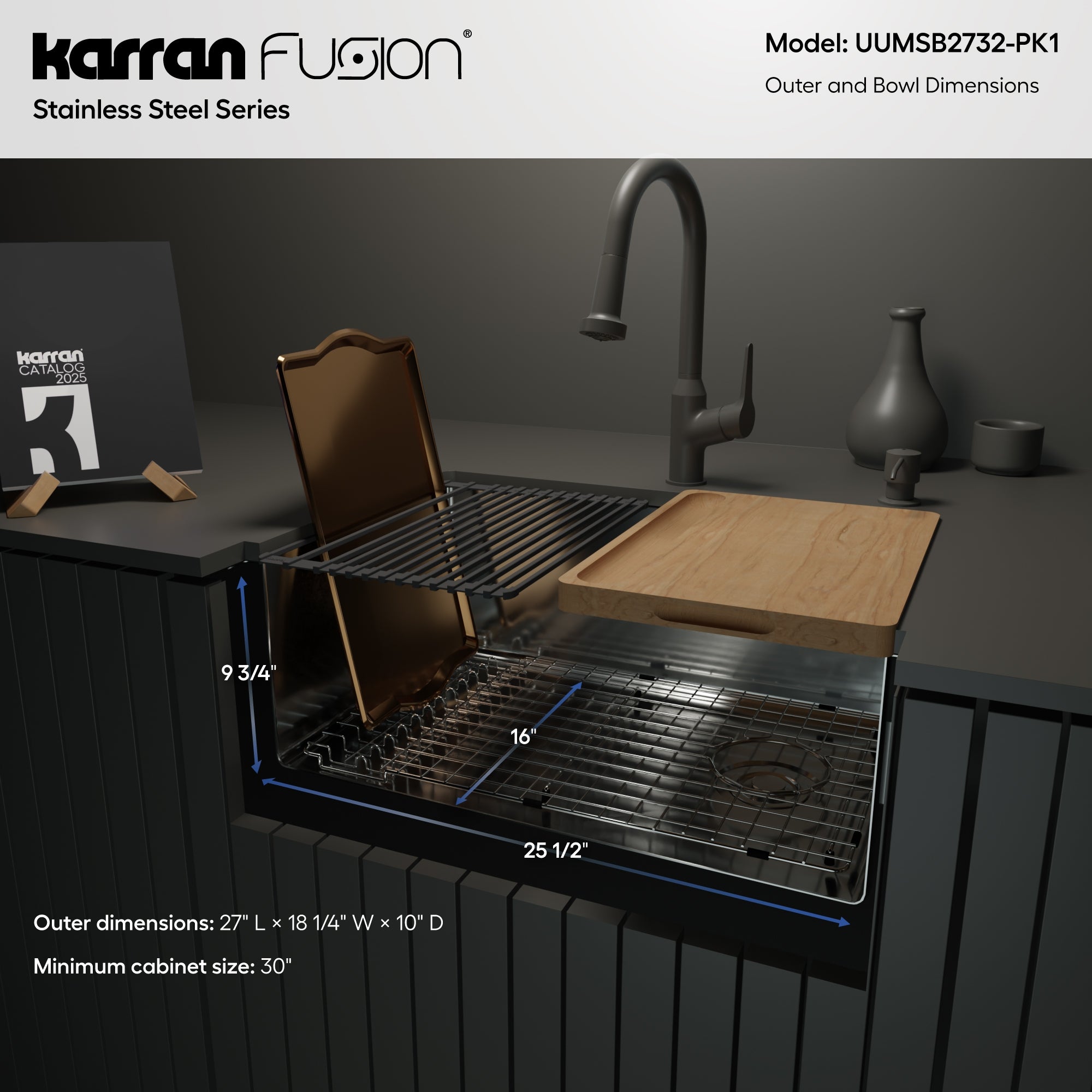 Karran Fusion 27" Undermount Stainless Steel Workstation Kitchen Sink with Accessories, 16 Gauge, UUMSB2732-PK1