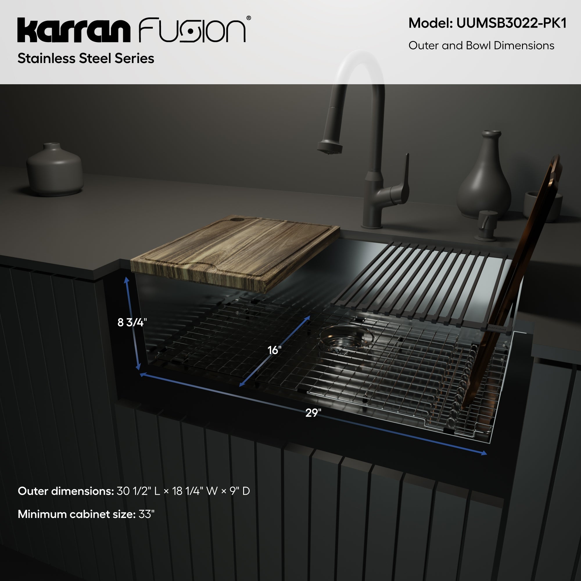 Karran Fusion 31" Undermount Stainless Steel ADA Workstation Kitchen Sink with Accessories, 18 Gauge, UUMSB3022-PK1