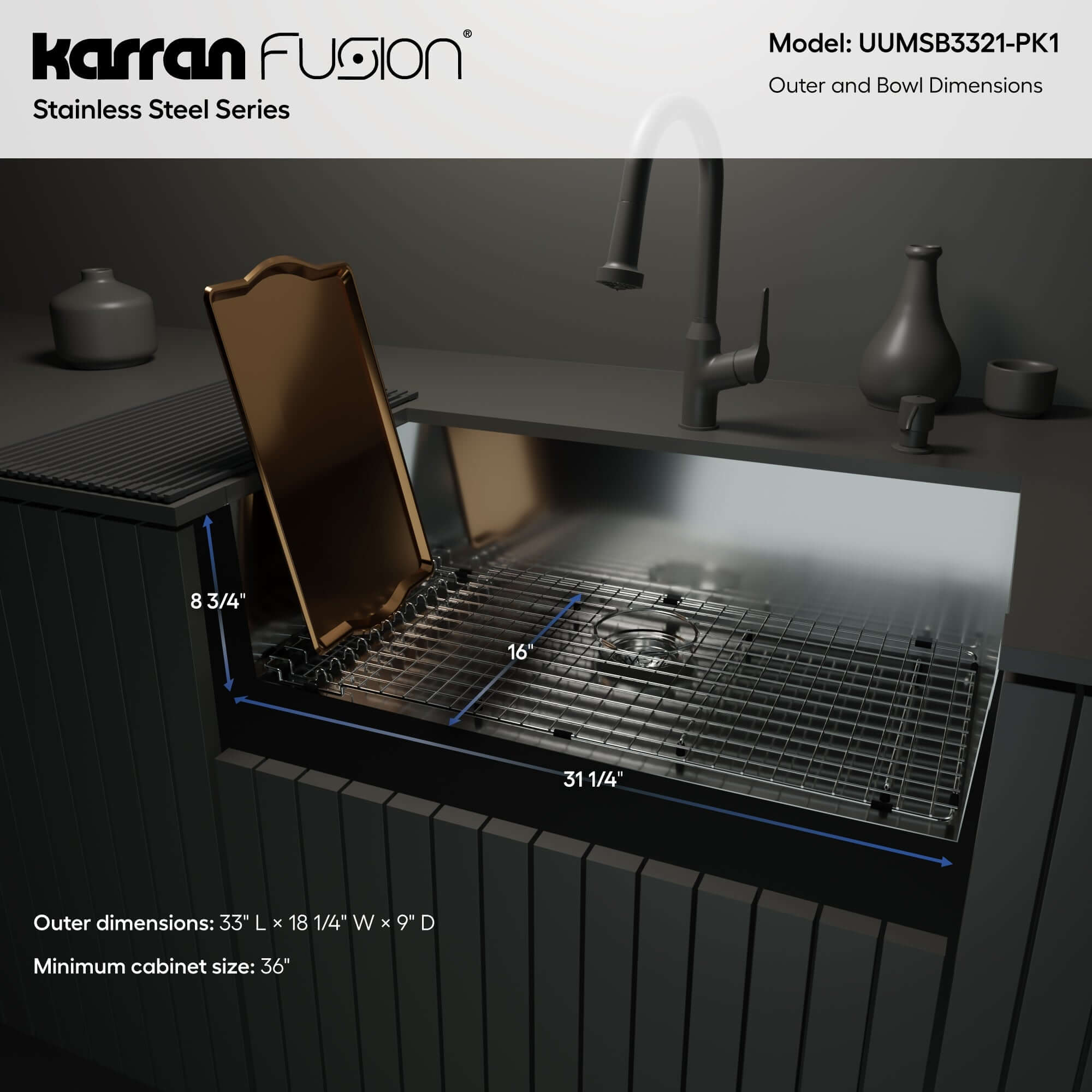 Karran Fusion 33" Undermount Stainless Steel Kitchen Sink with Accessories, 18 Gauge, UUMSB3321-PK1