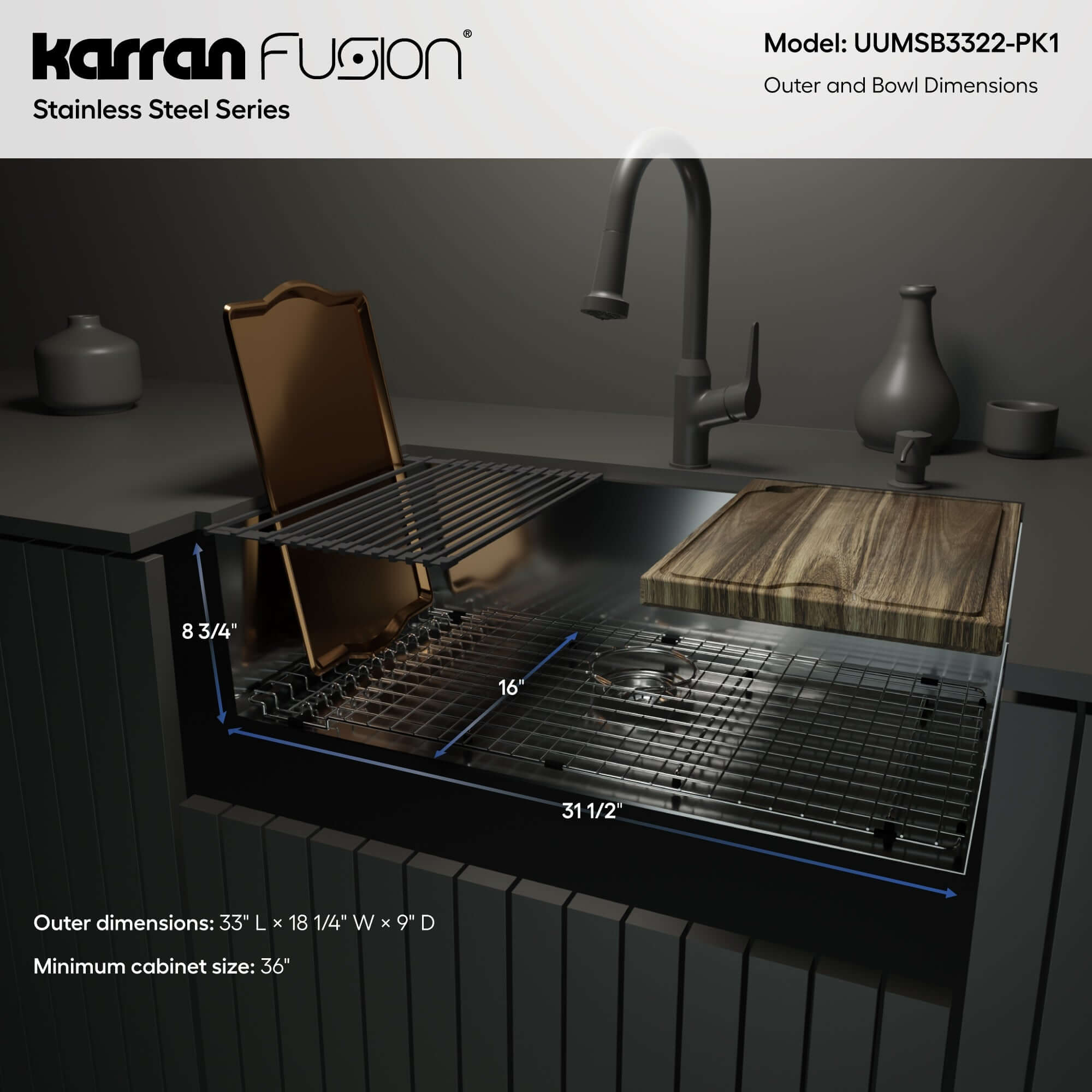 Karran Fusion 33" Undermount Stainless Steel Workstation Kitchen Sink with Accessories, 18 Gauge, UUMSB3322-PK1