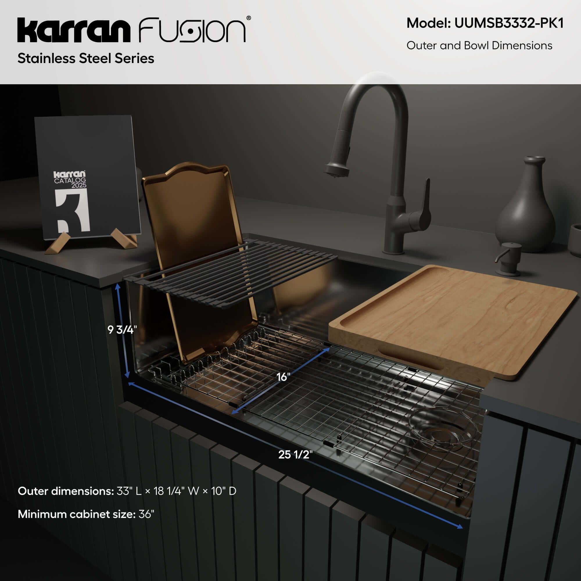 Karran Fusion 33" Undermount Stainless Steel Workstation Kitchen Sink with Accessories, 16 Gauge, UUMSB3332-PK1