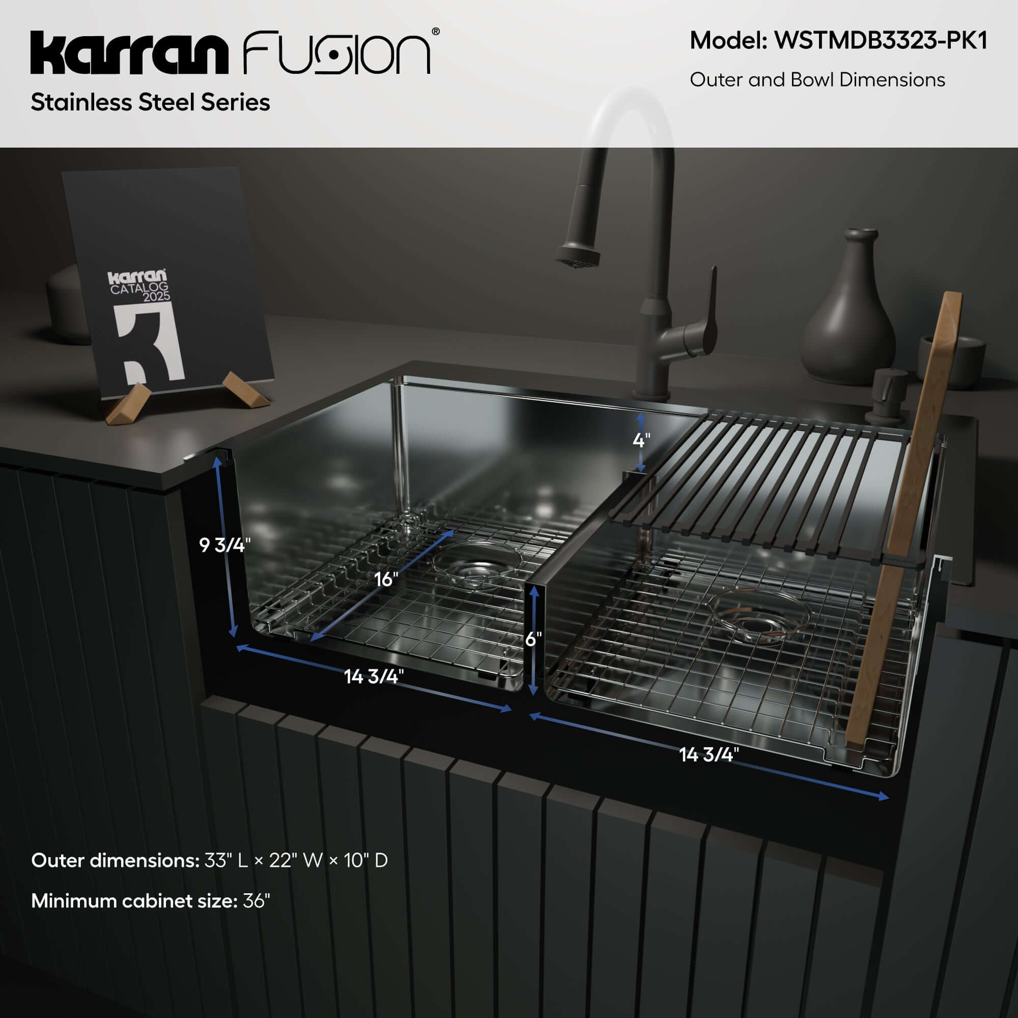 Karran Fusion 33" Drop In/Topmount Stainless Steel Workstation Kitchen Sink with Accessories, 50/50 Double Bowl, 16 Gauge, WSTMDB3323-PK1