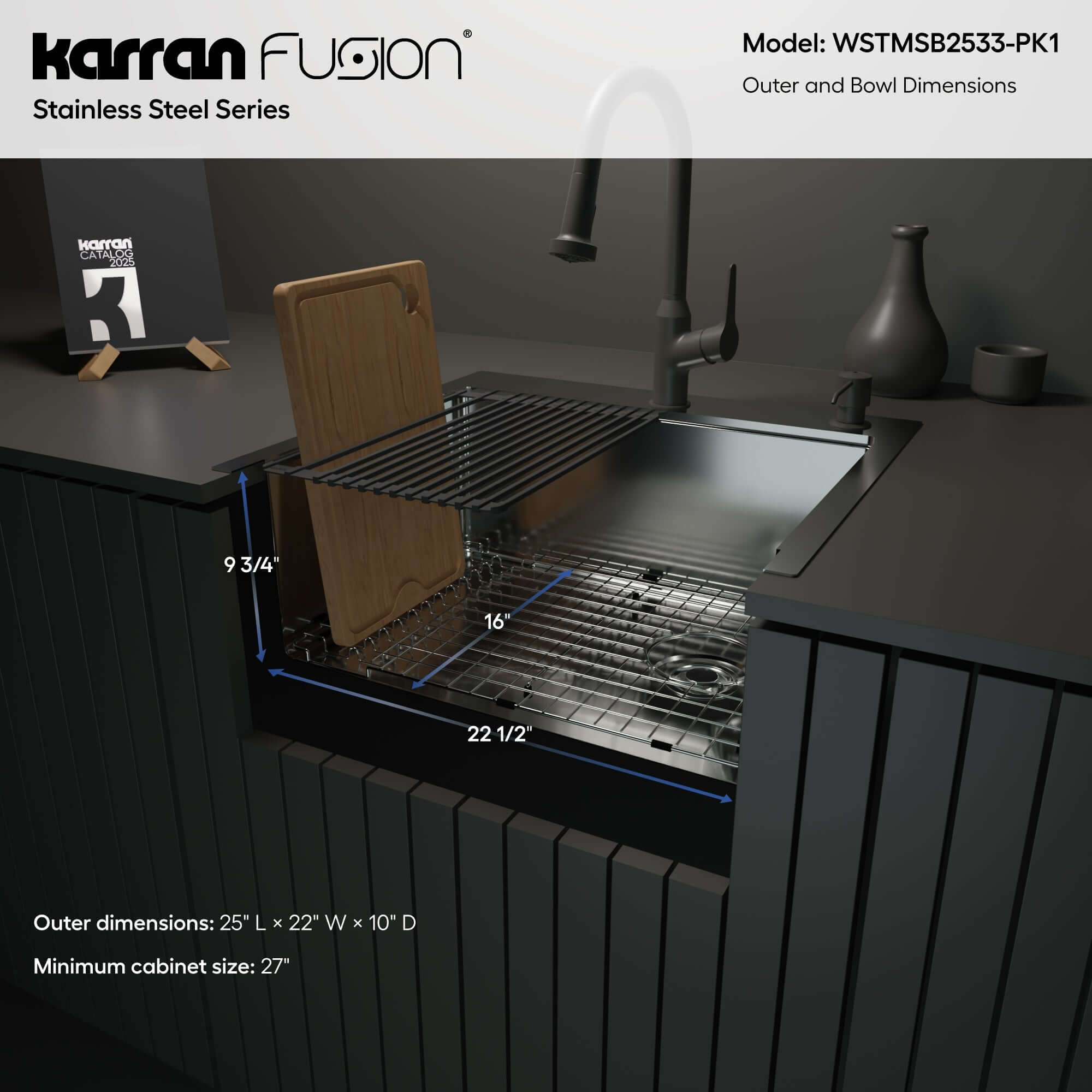 Karran Fusion 25" Drop In/Topmount Stainless Steel Workstation Kitchen Sink with Accessories, 16 Gauge, WSTMSB2533-PK1