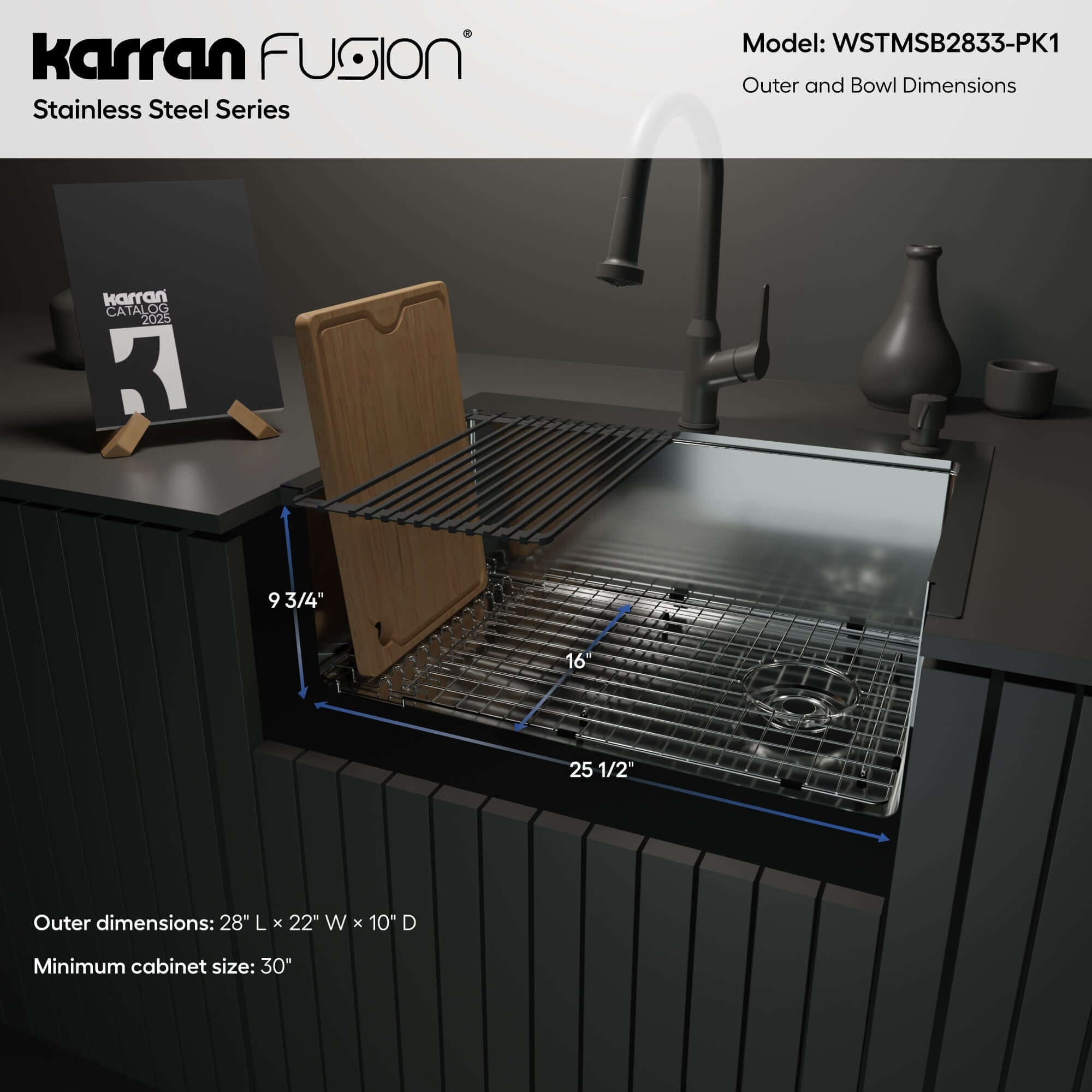 Karran Fusion 28" Drop In/Topmount Stainless Steel Workstation Kitchen Sink with Accessories, 16 Gauge, WSTMSB2833-PK1