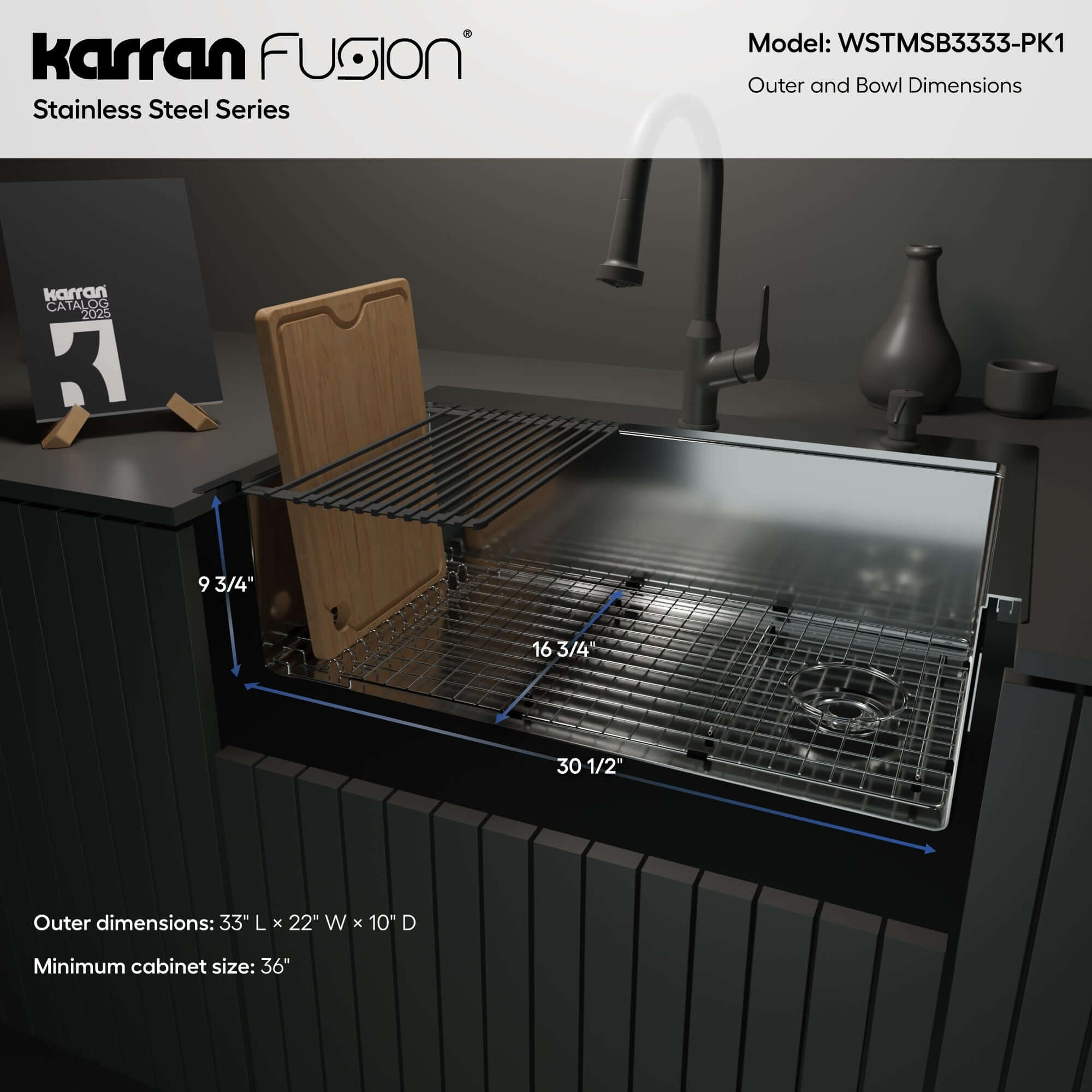 Karran Fusion 33" Drop In/Topmount Stainless Steel Workstation Kitchen Sink with Accessories, 16 Gauge, WSTMSB3333-PK1