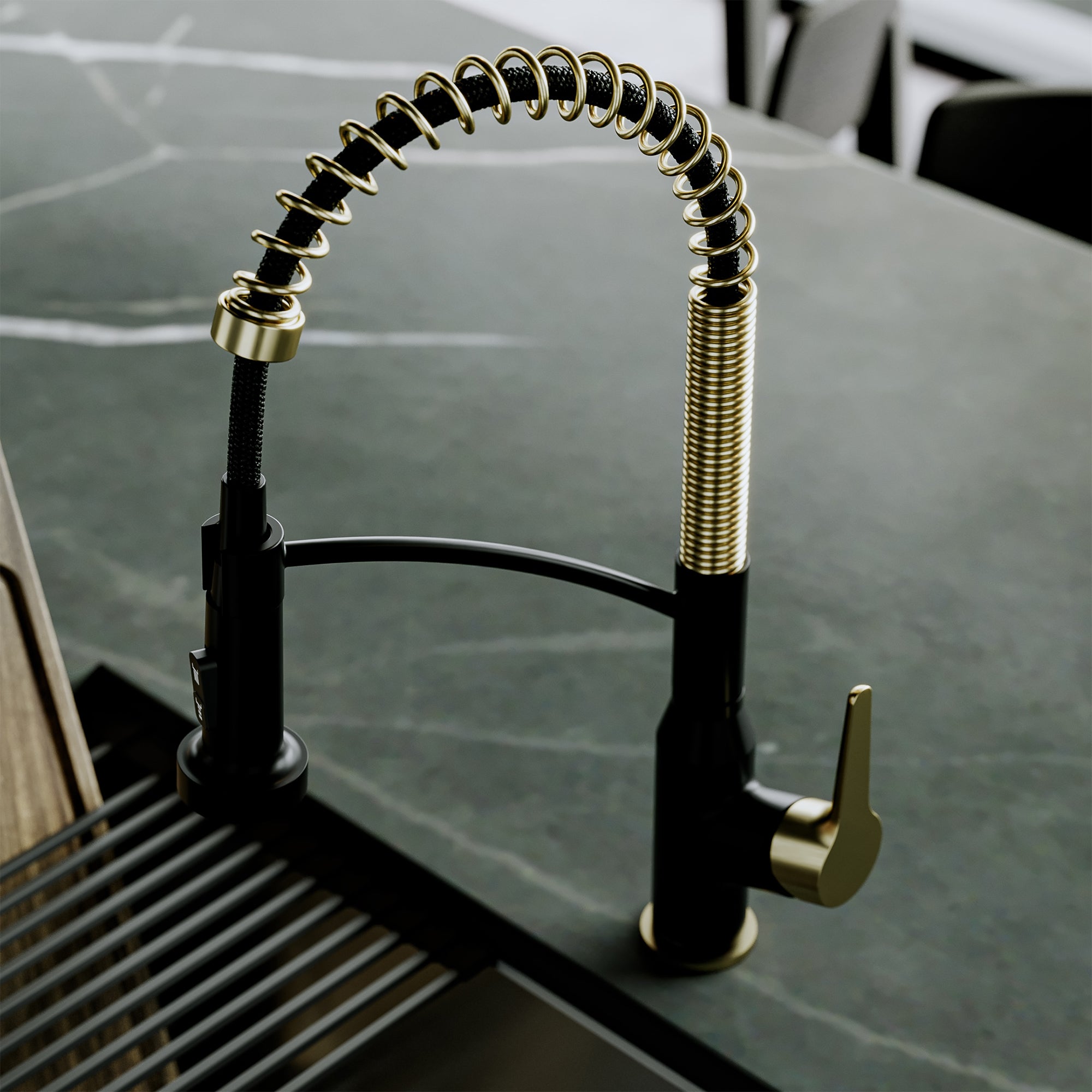Karran Scottsdale 1.8 GPM Single Lever Handle Lead-free Brass ADA Kitchen Faucet, Pull-Down, Matte Black & Spot-Free Brushed Gold, KKF210MBSFBG