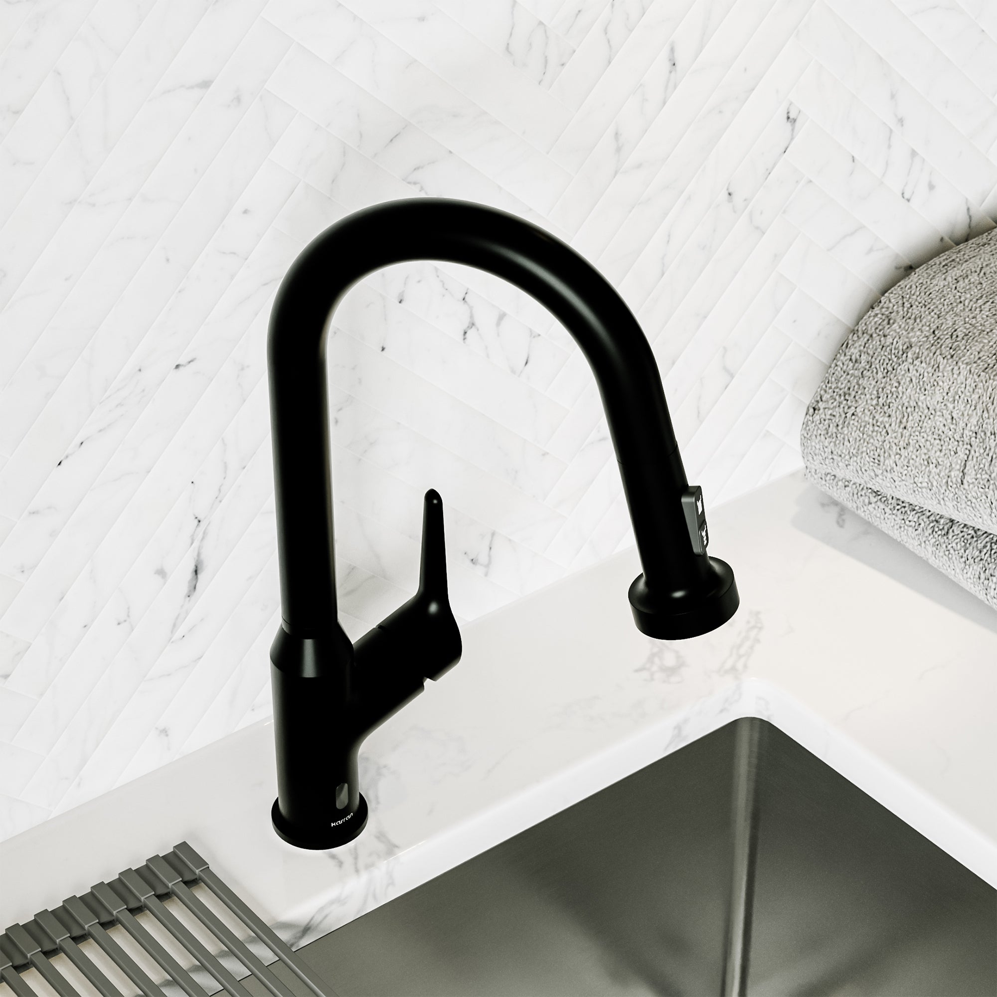 Karran scottsdale touchless pull-down kitchen faucet matte black lifestyle image