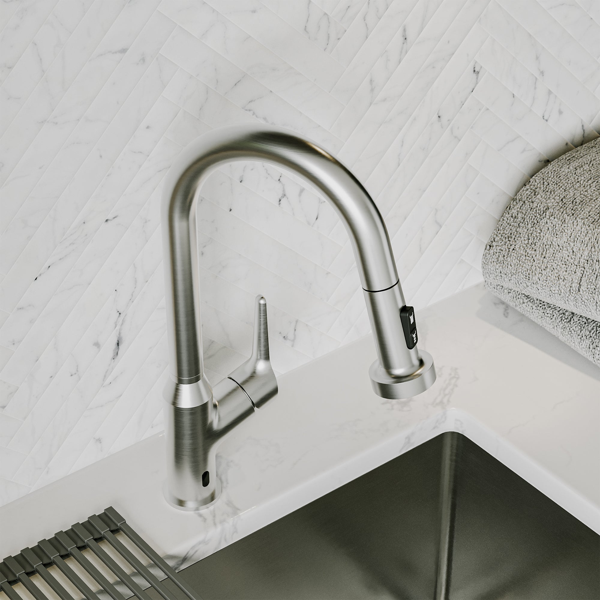 Karran scottsdale touchless pull-down kitchen faucet spot free stainless steel lifestyle image