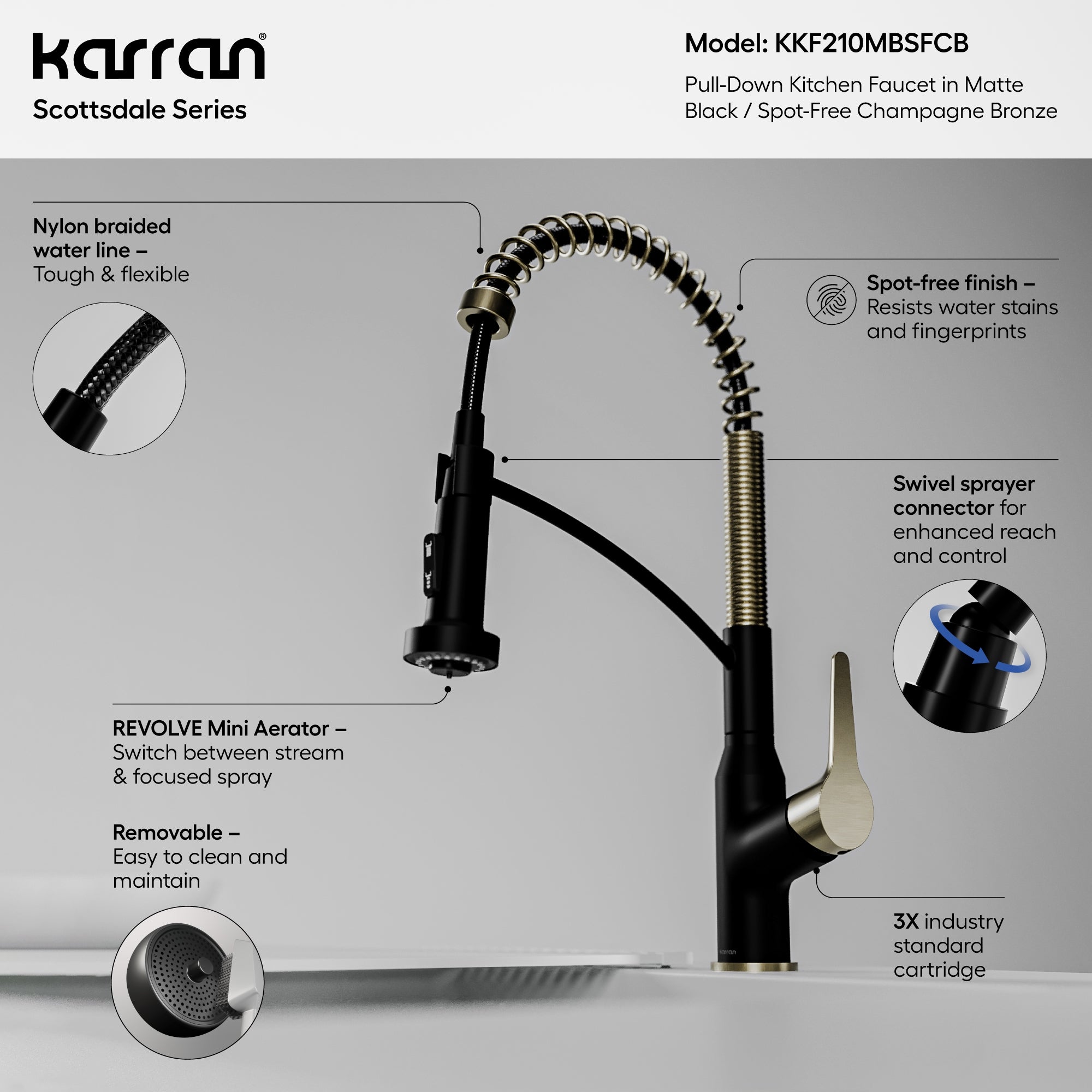 Karran Scottsdale 1.8 GPM Single Lever Handle Lead-free Brass ADA Kitchen Faucet, Pull-Down, Matte Black & Spot-Free Champagne Bronze, KKF210MBSFCB