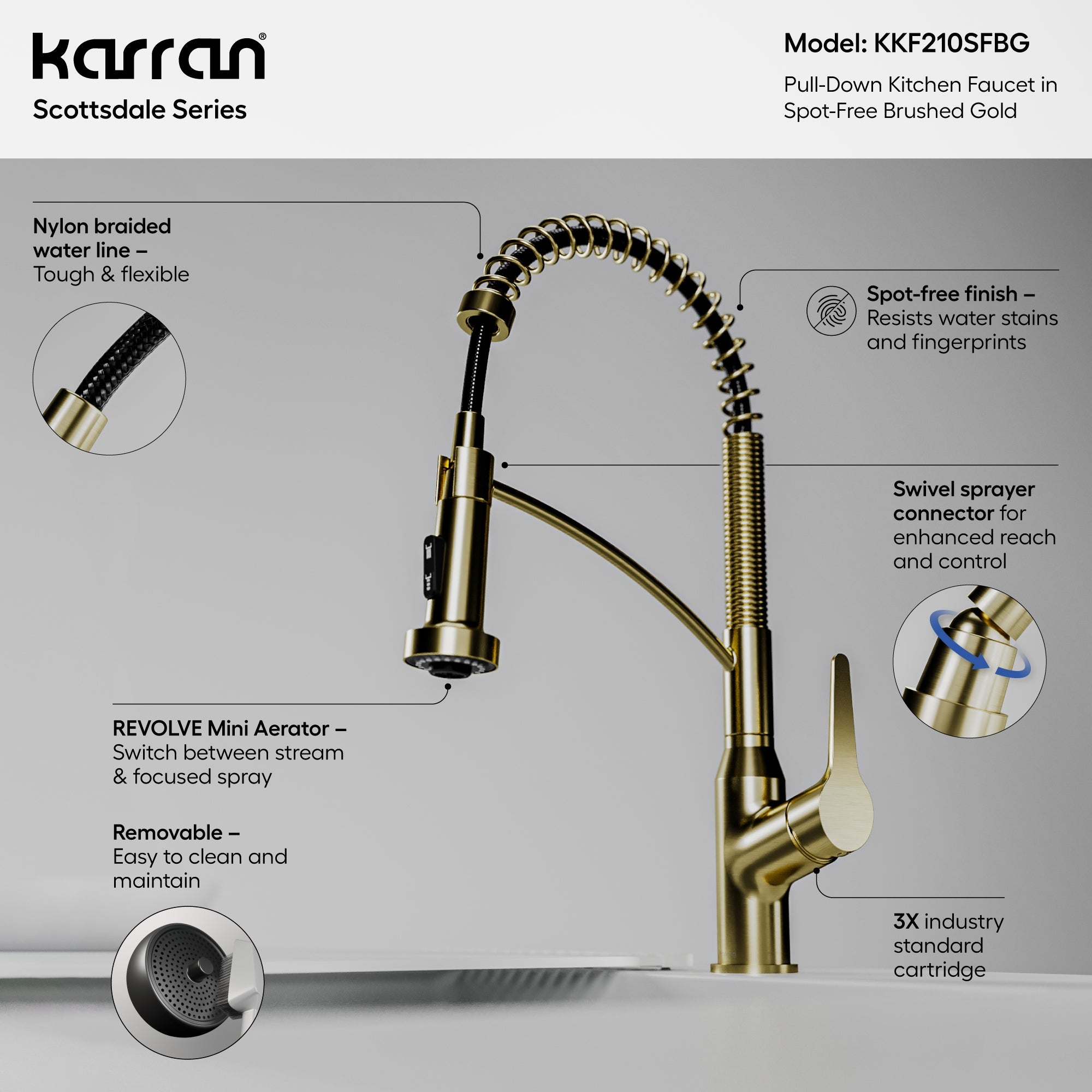 Karran Scottsdale 1.8 GPM Single Lever Handle Lead-free Brass ADA Kitchen Faucet, Pull-Down, Spot-Free Brushed Gold, KKF210SFBG