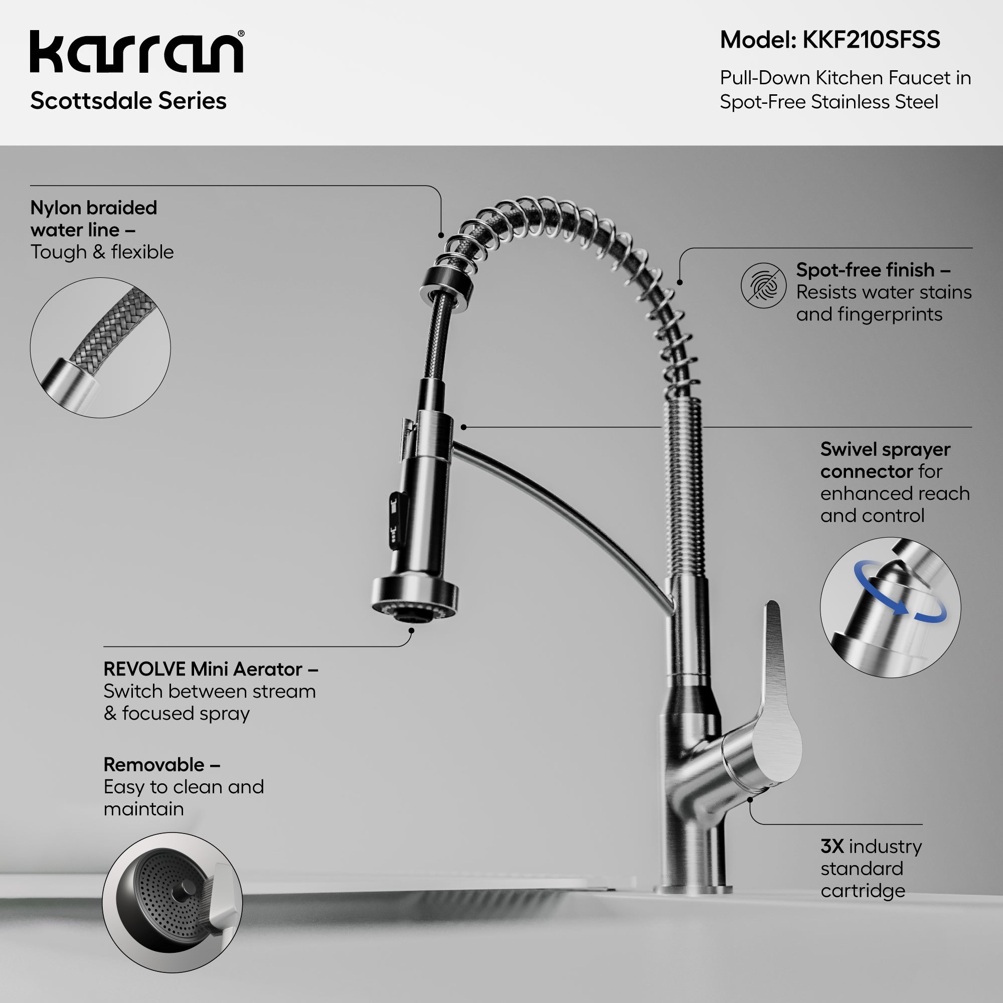 Karran Scottsdale 1.8 GPM Single Lever Handle Lead-free Brass ADA Kitchen Faucet, Pull-Down, Spot-Free Stainless Steel, KKF210SFSS