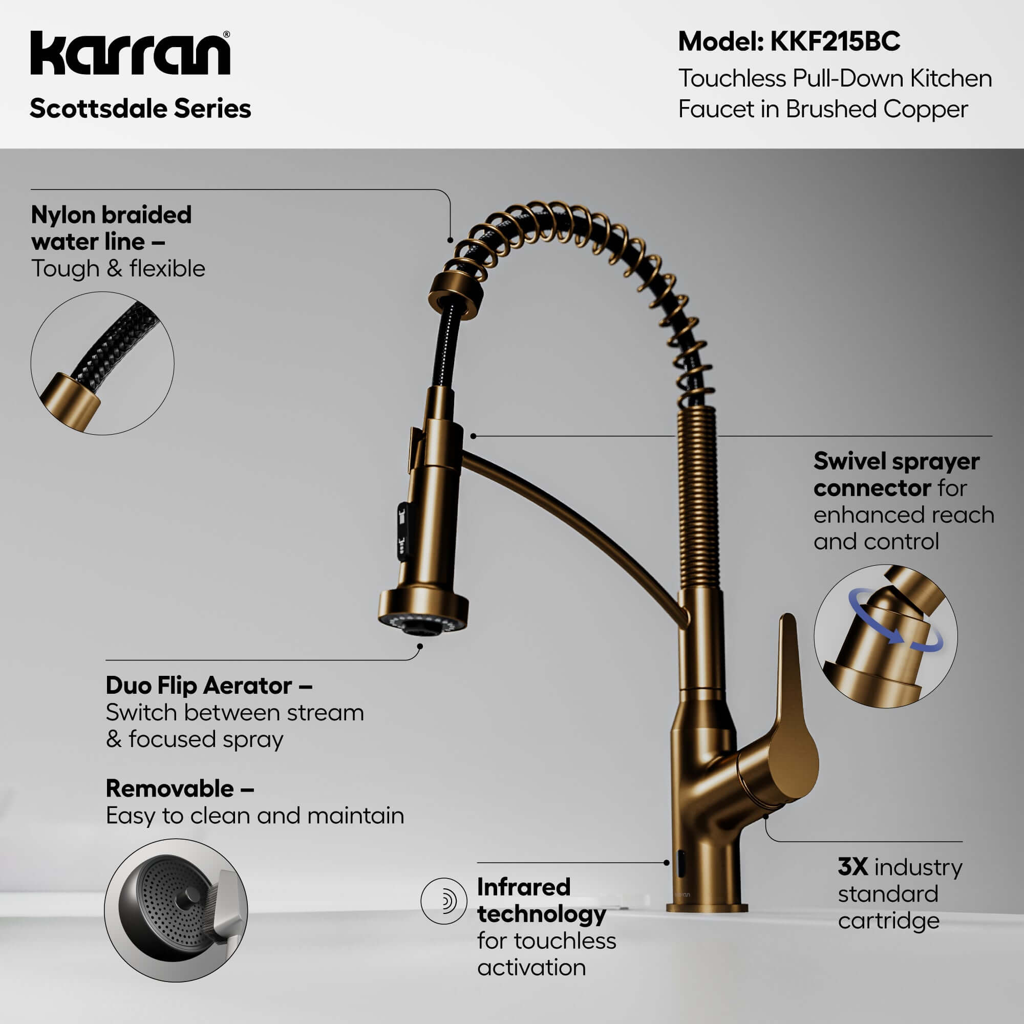 Alternative View of Karran Alston 1.8 GPM Single Lever Handle Lead-free Brass ADA Touchless Kitchen Faucet, Pull-Down, Brushed Copper, KKF215BC