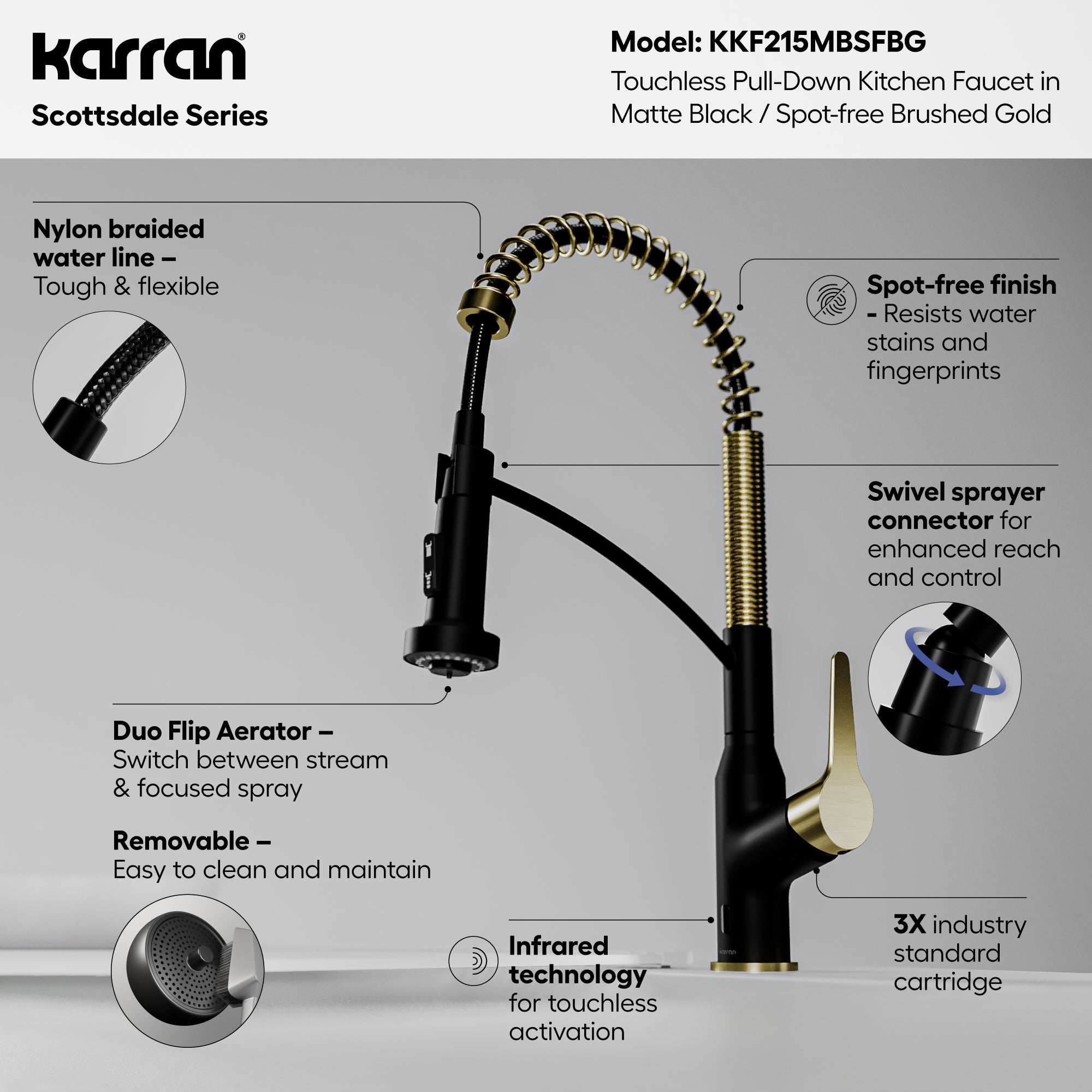 Karran scottsdale touchless pull-down kitchen faucet matte black & brushed gold informational image