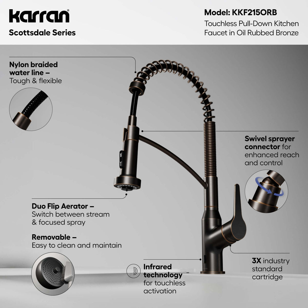 Alternative View of Karran Alston 1.8 GPM Single Lever Handle Lead-free Brass ADA Touchless Kitchen Faucet, Pull-Down, Oil Rubbed Bronze, KKF215ORB