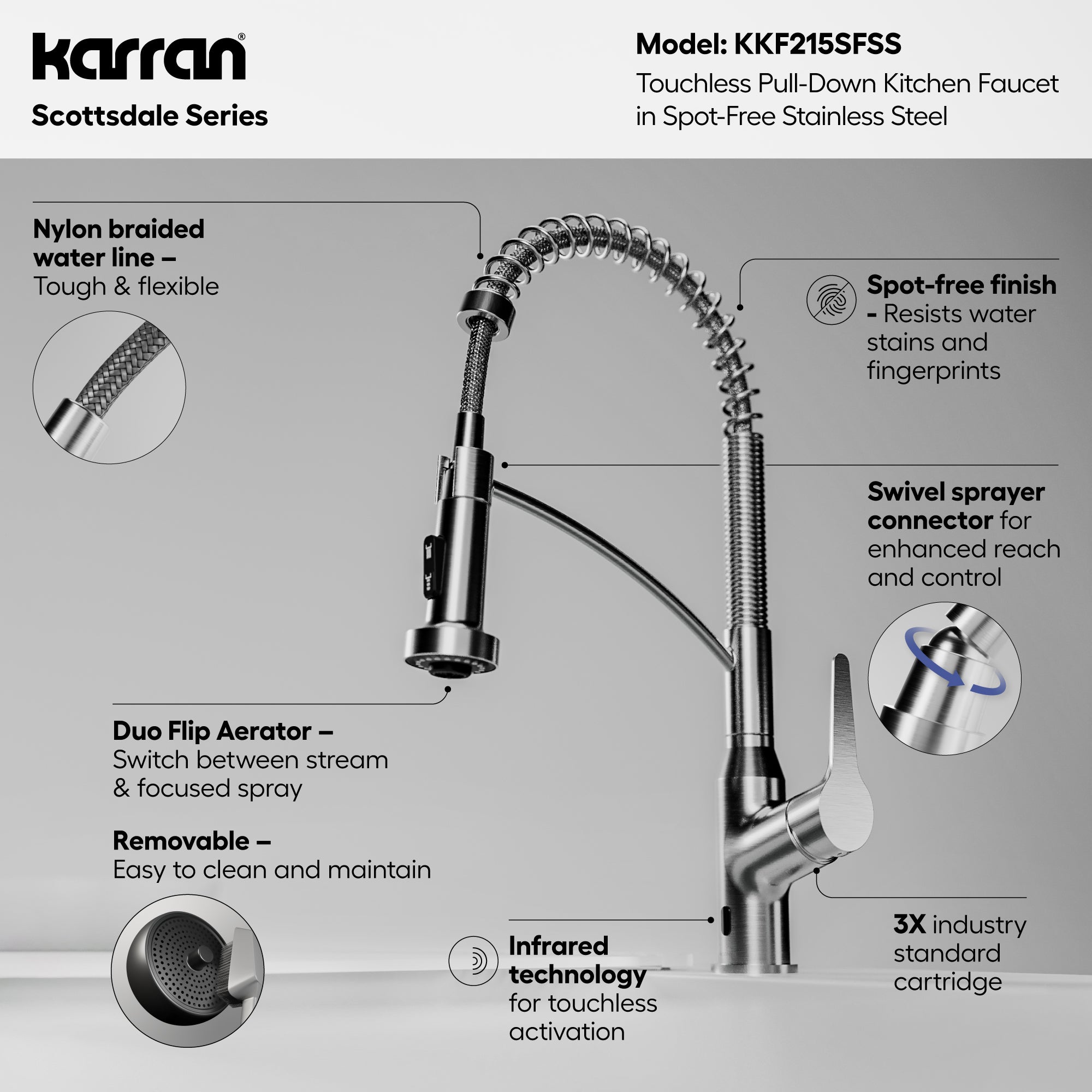 Karran scottsdale touchless pull-down kitchen faucet spot free stainless steel informational image