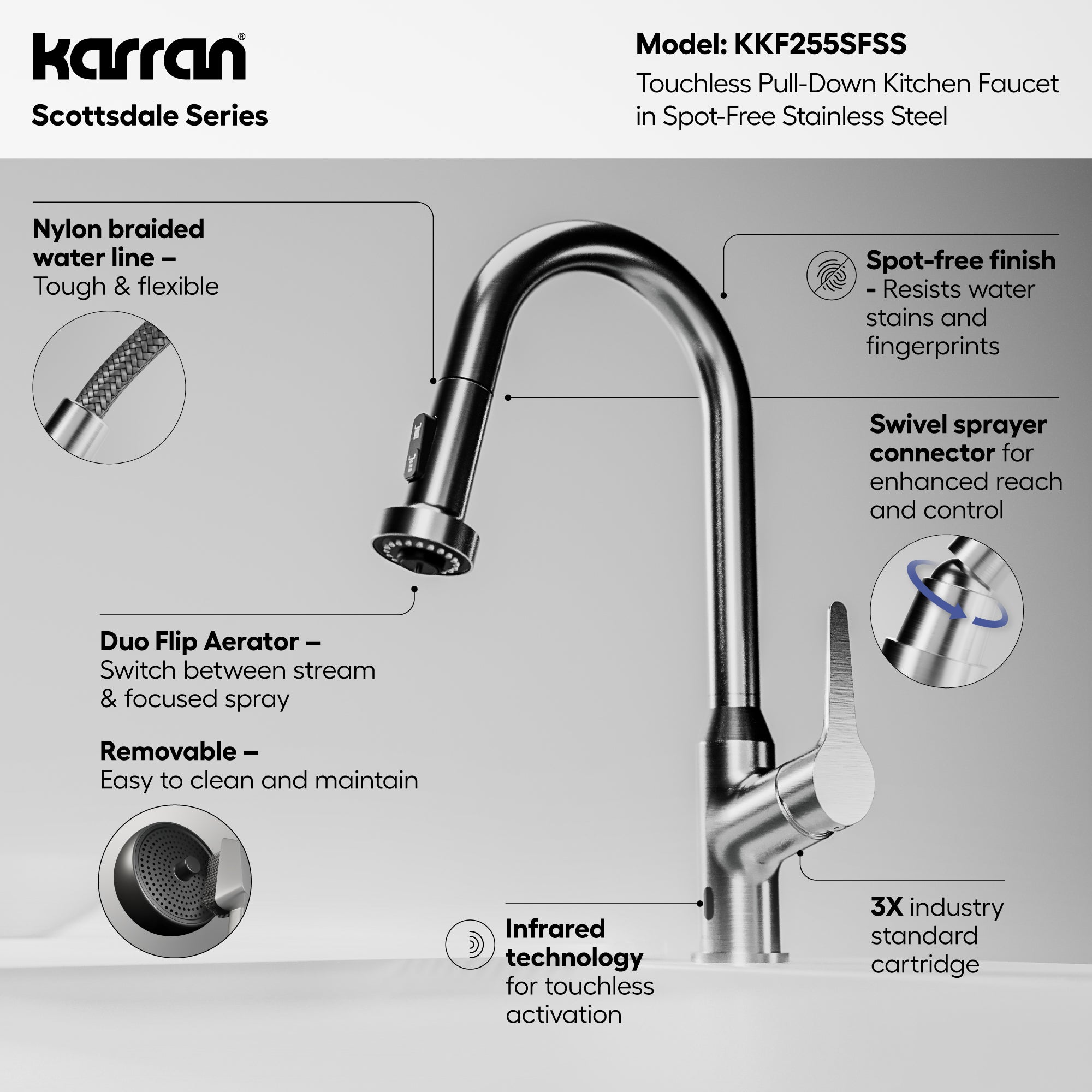 Karran scottsdale touchless pull-down kitchen faucet spot free stainless steel informational image