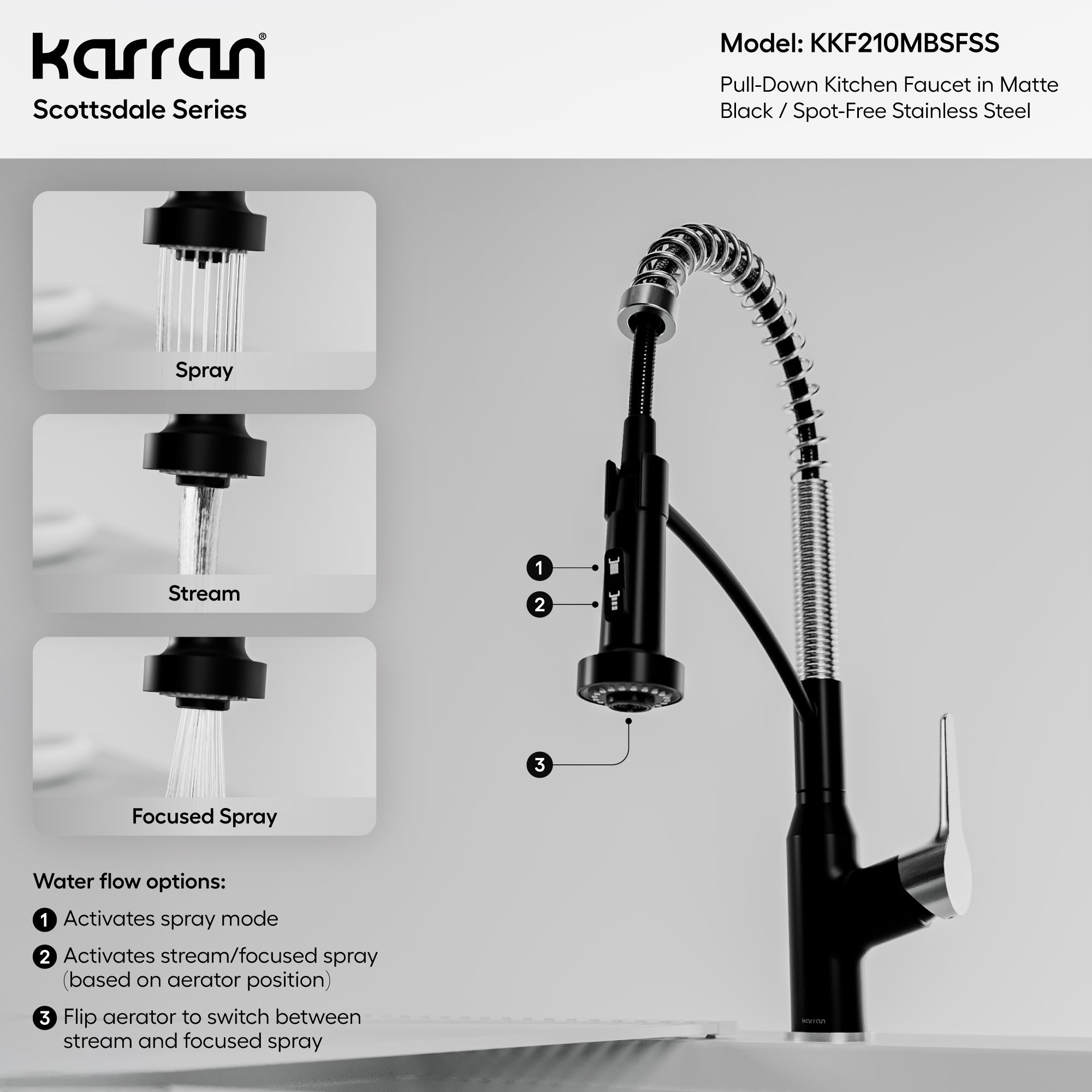 Karran Scottsdale 1.8 GPM Single Lever Handle Lead-free Brass ADA Kitchen Faucet, Pull-Down, Matte Black & Spot-Free Stainless Steel, KKF210MBSFSS
