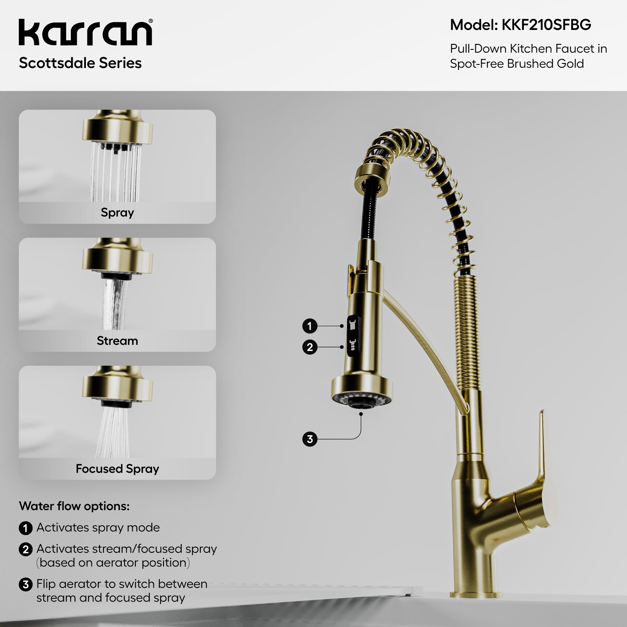 Karran Scottsdale 1.8 GPM Single Lever Handle Lead-free Brass ADA Kitchen Faucet, Pull-Down, Spot-Free Brushed Gold, KKF210SFBG