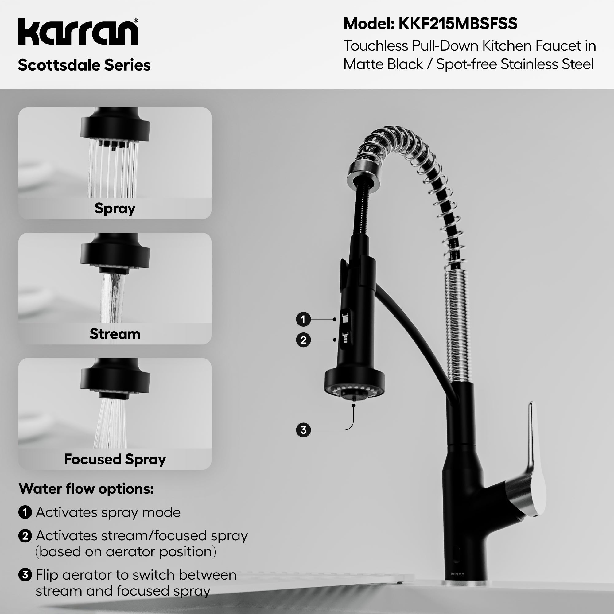 Karran scottsdale touchless pull-down kitchen faucet matte black & stainless steel informational image