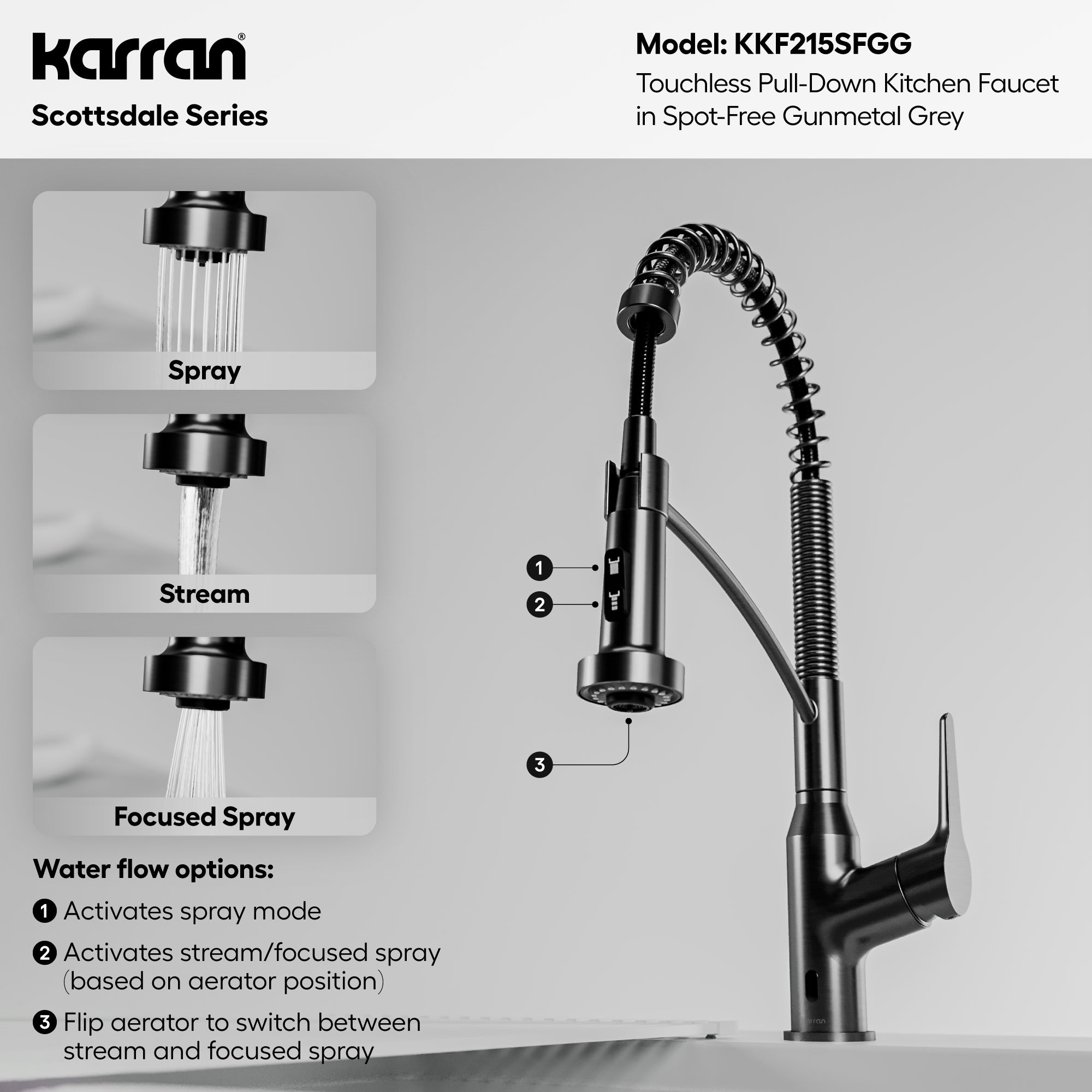 Karran scottsdale touchless pull-down kitchen faucet spot-free gunmetal grey informational image