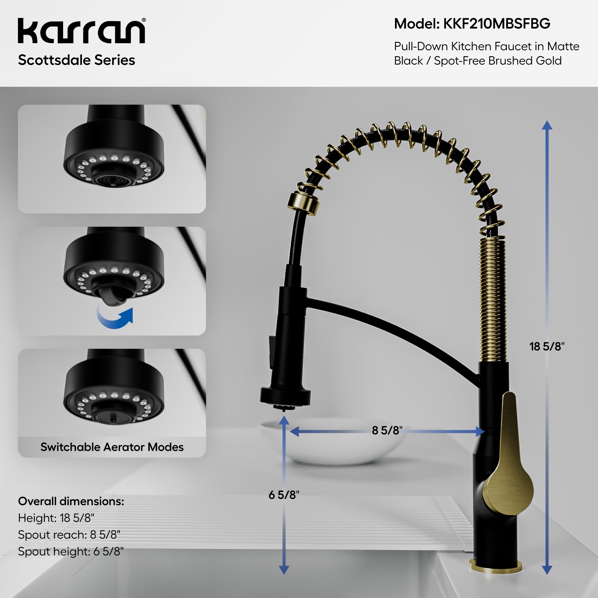 Karran Scottsdale 1.8 GPM Single Lever Handle Lead-free Brass ADA Kitchen Faucet, Pull-Down, Matte Black & Spot-Free Brushed Gold, KKF210MBSFBG