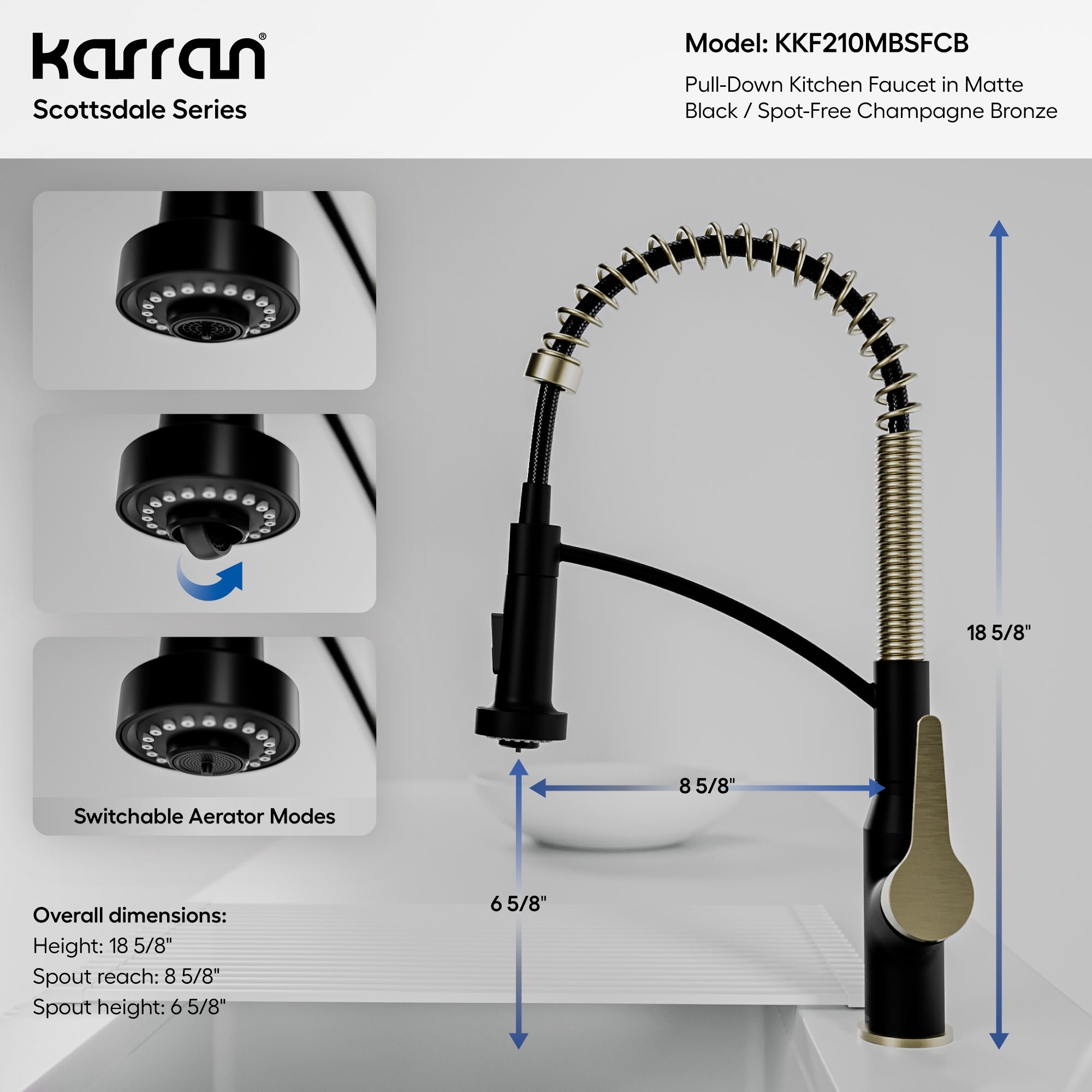 Karran Scottsdale 1.8 GPM Single Lever Handle Lead-free Brass ADA Kitchen Faucet, Pull-Down, Matte Black & Spot-Free Champagne Bronze, KKF210MBSFCB