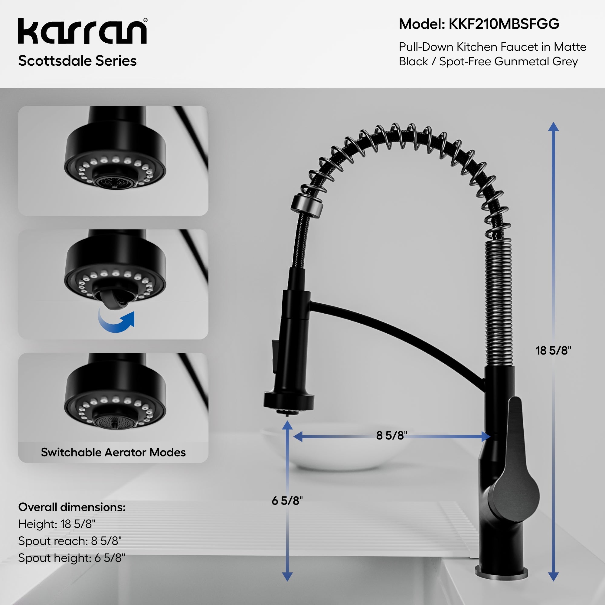 Karran Scottsdale 1.8 GPM Single Lever Handle Lead-free Brass ADA Kitchen Faucet, Pull-Down, Matte Black & Spot-Free Gunmetal Grey, KKF210MBSFGG