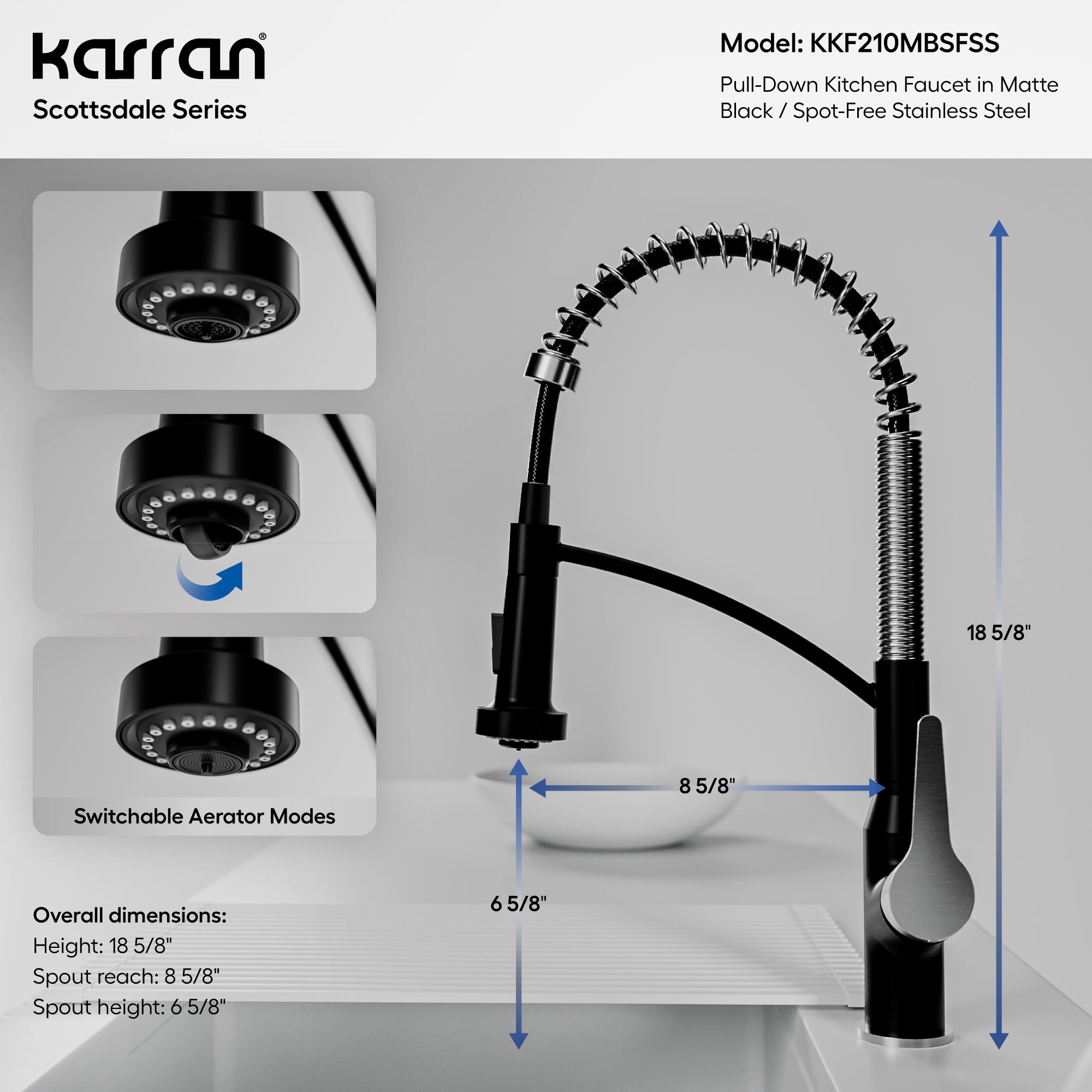 Karran Scottsdale 1.8 GPM Single Lever Handle Lead-free Brass ADA Kitchen Faucet, Pull-Down, Matte Black & Spot-Free Stainless Steel, KKF210MBSFSS