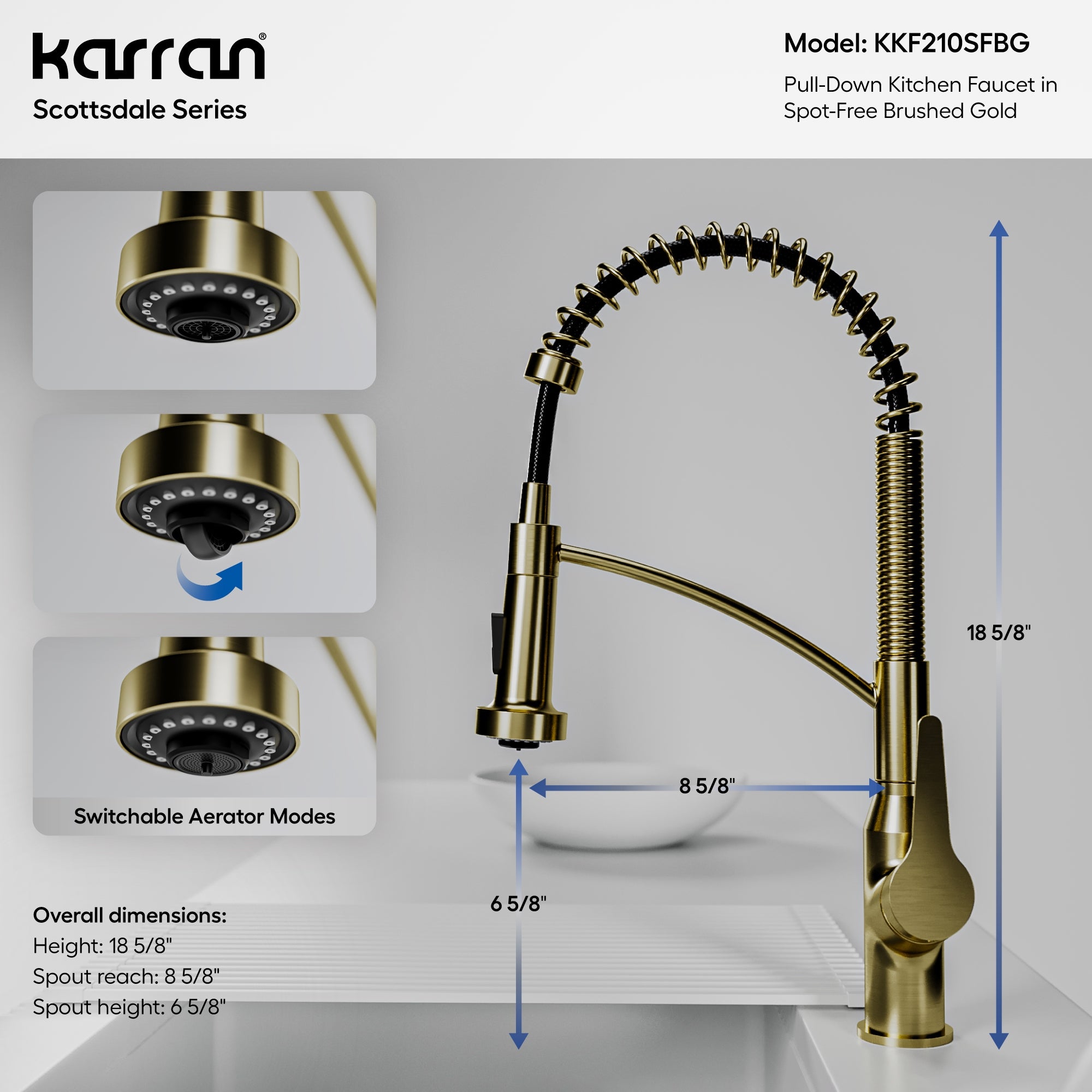 Karran Scottsdale 1.8 GPM Single Lever Handle Lead-free Brass ADA Kitchen Faucet, Pull-Down, Spot-Free Brushed Gold, KKF210SFBG