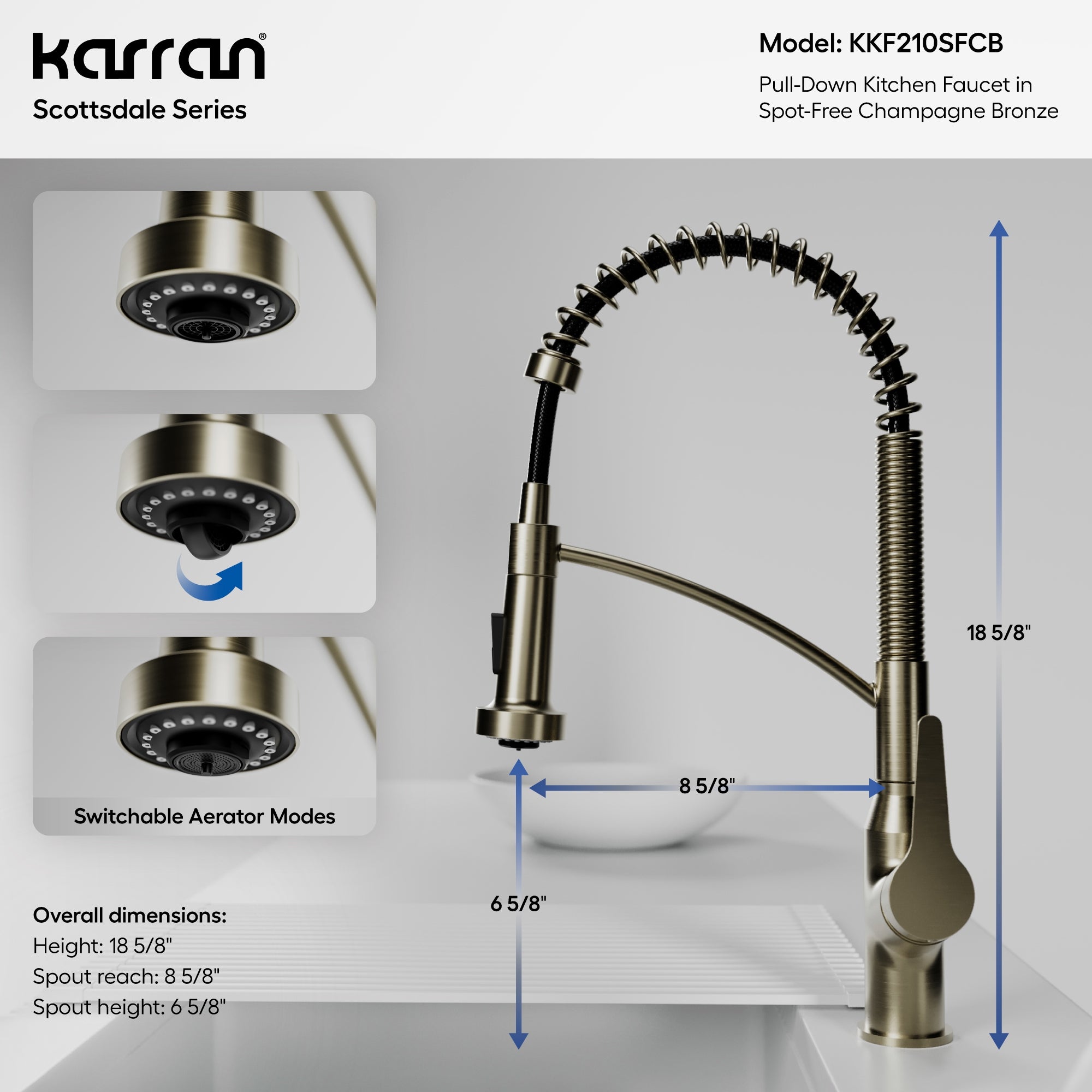 Karran Scottsdale 1.8 GPM Single Lever Handle Lead-free Brass ADA Kitchen Faucet, Pull-Down, Spot-Free Champagne Bronze, KKF210SFCB