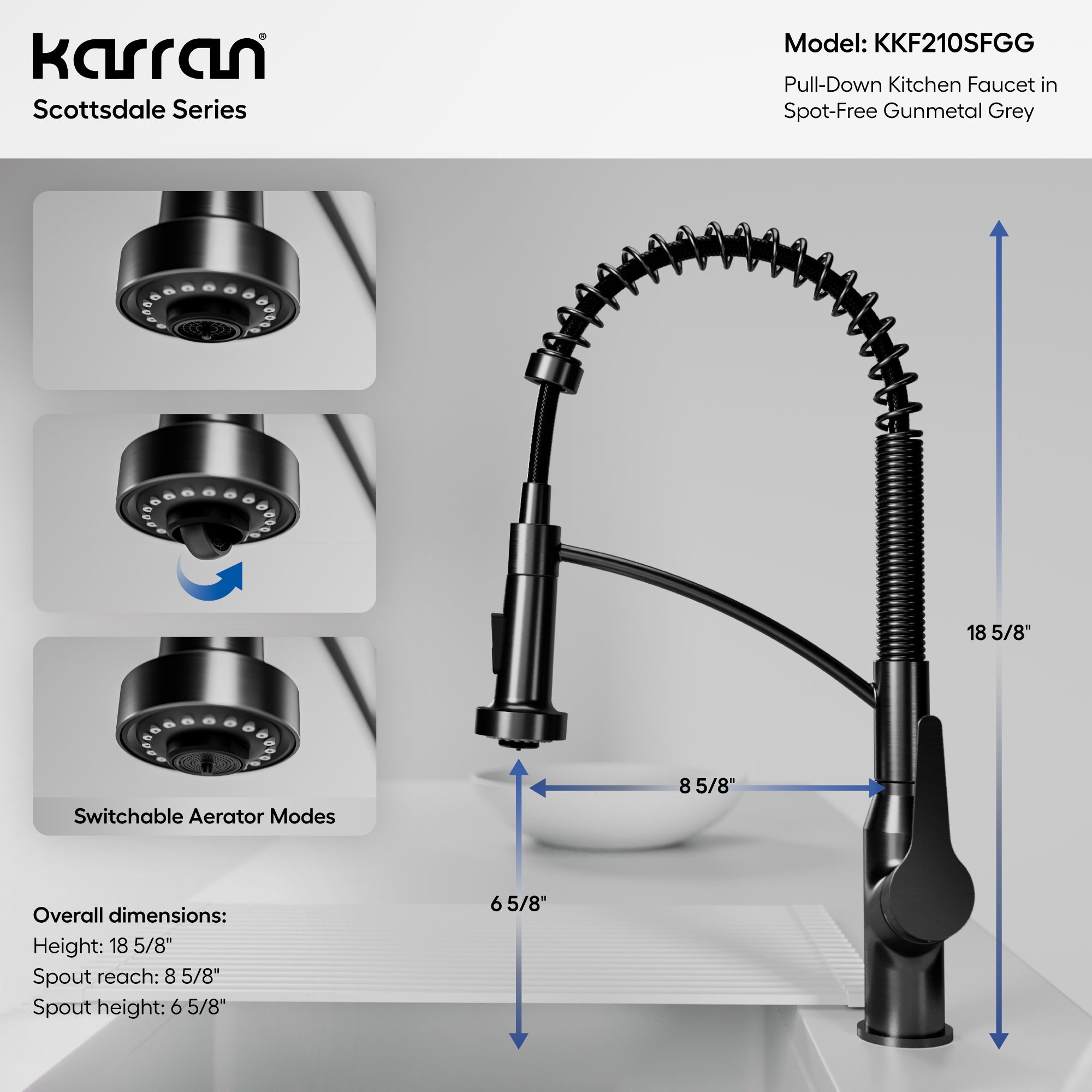 Karran Scottsdale 1.8 GPM Single Lever Handle Lead-free Brass ADA Kitchen Faucet, Pull-Down, Spot-Free Gunmetal Grey, KKF210SFGG
