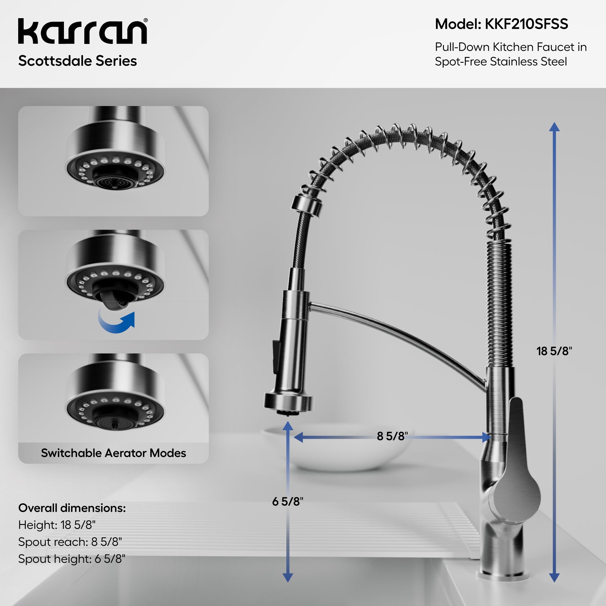 Karran Scottsdale 1.8 GPM Single Lever Handle Lead-free Brass ADA Kitchen Faucet, Pull-Down, Spot-Free Stainless Steel, KKF210SFSS