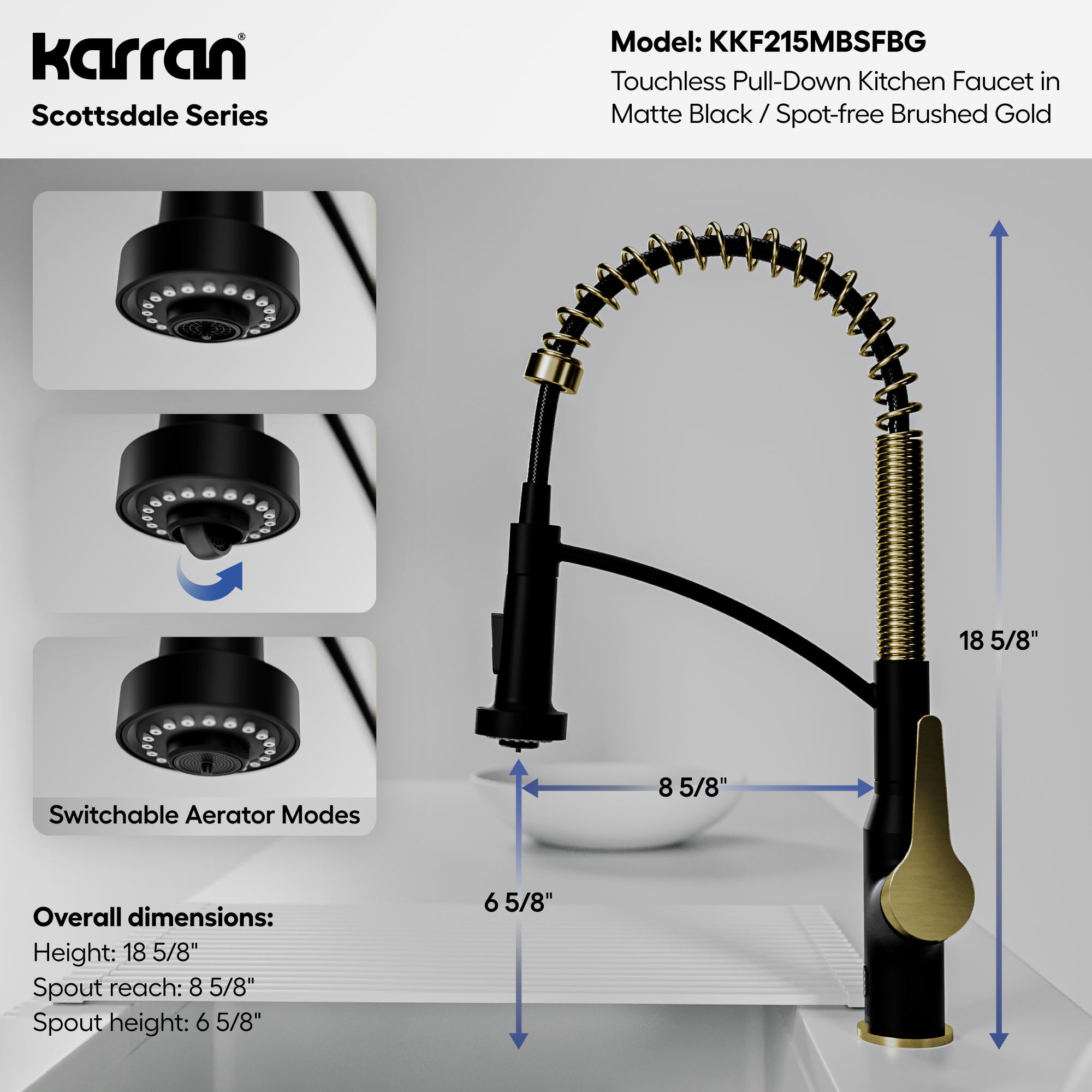 Karran scottsdale touchless pull-down kitchen faucet matte black & brushed gold informational image