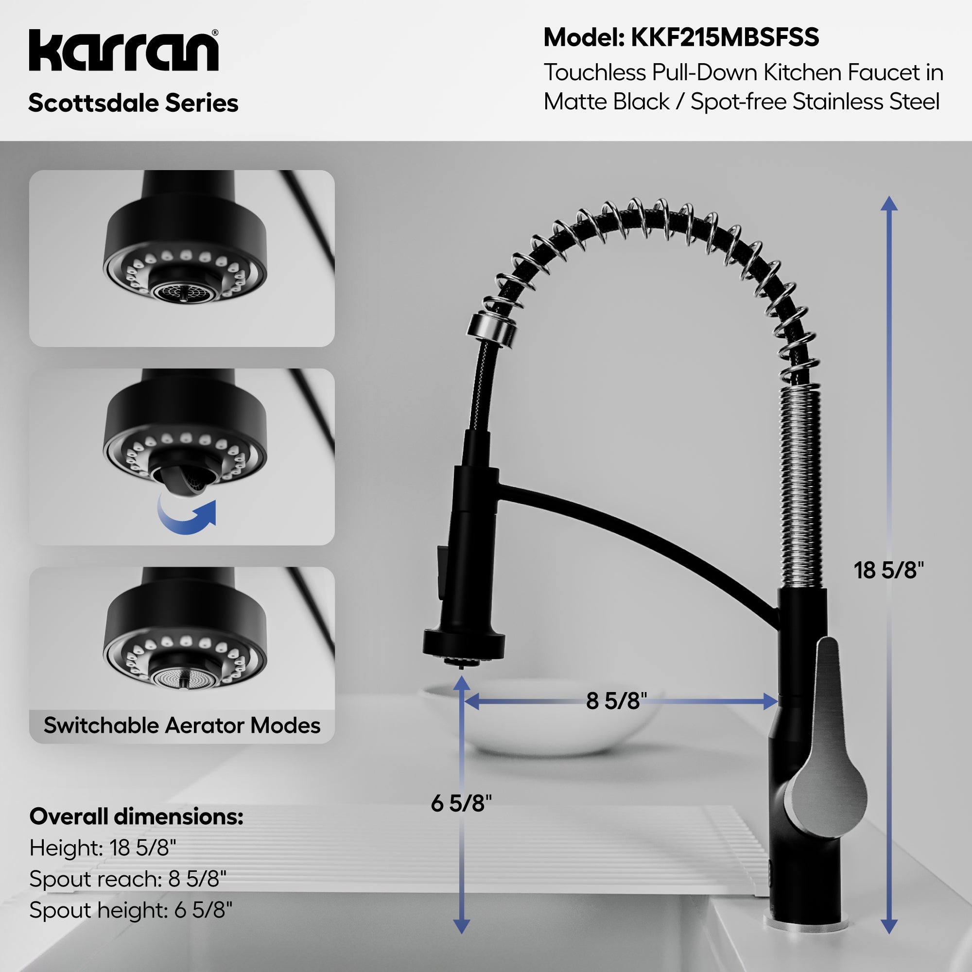 Karran scottsdale touchless pull-down kitchen faucet matte black & stainless steel informational image