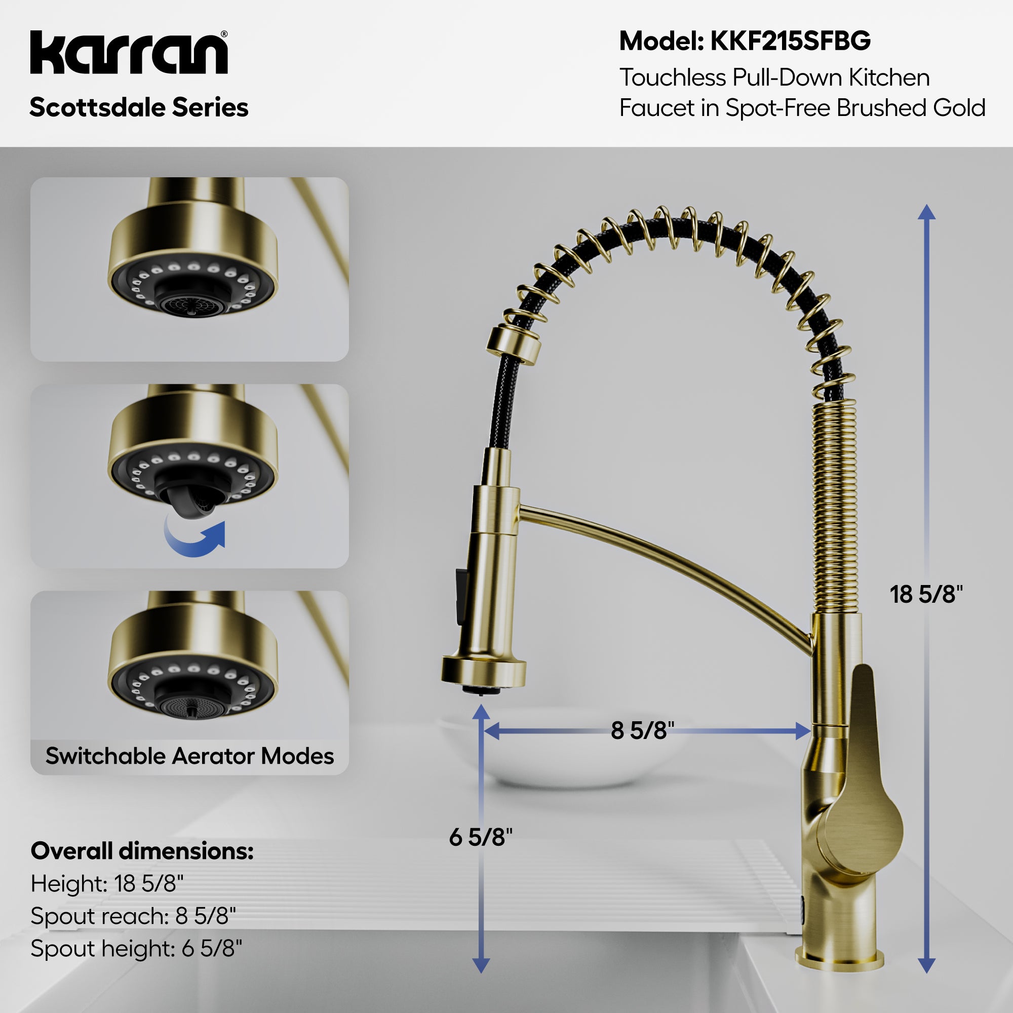 Karran scottsdale touchless pull-down kitchen faucet spot-free brushed gold informational image