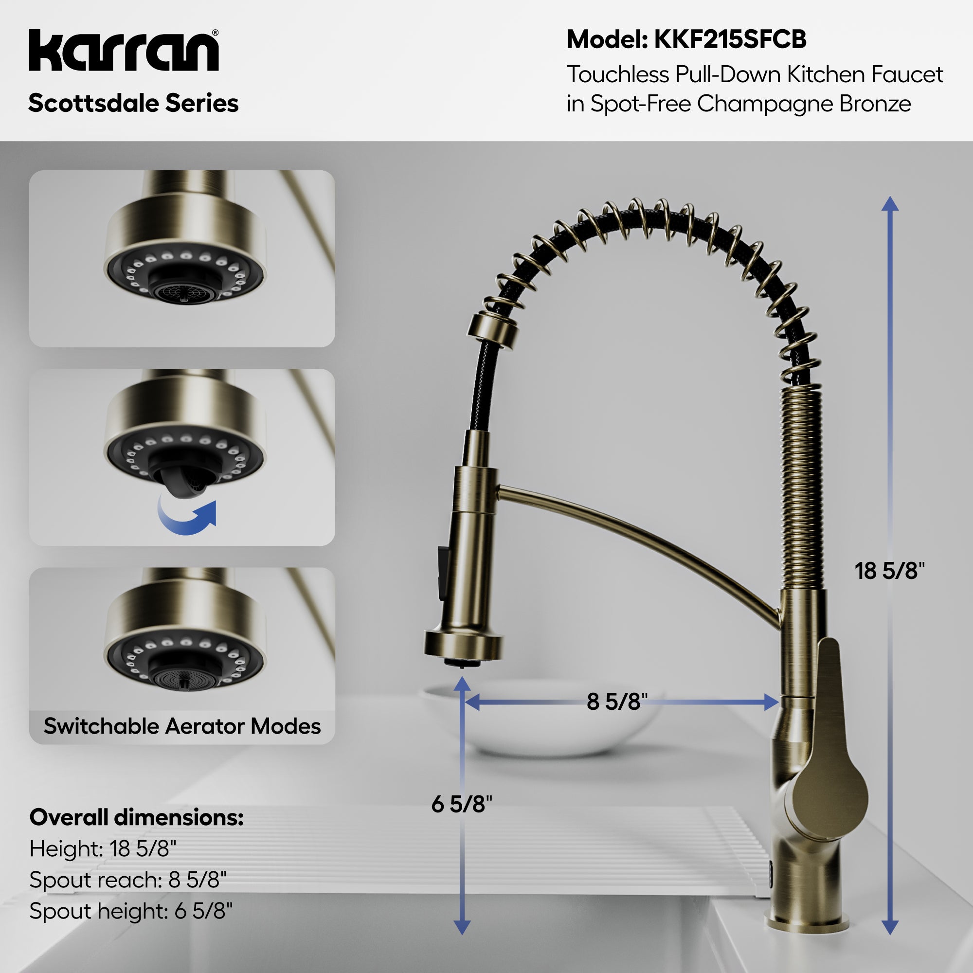 Karran scottsdale touchless pull-down kitchen faucet spot-free champagne bronze informational image