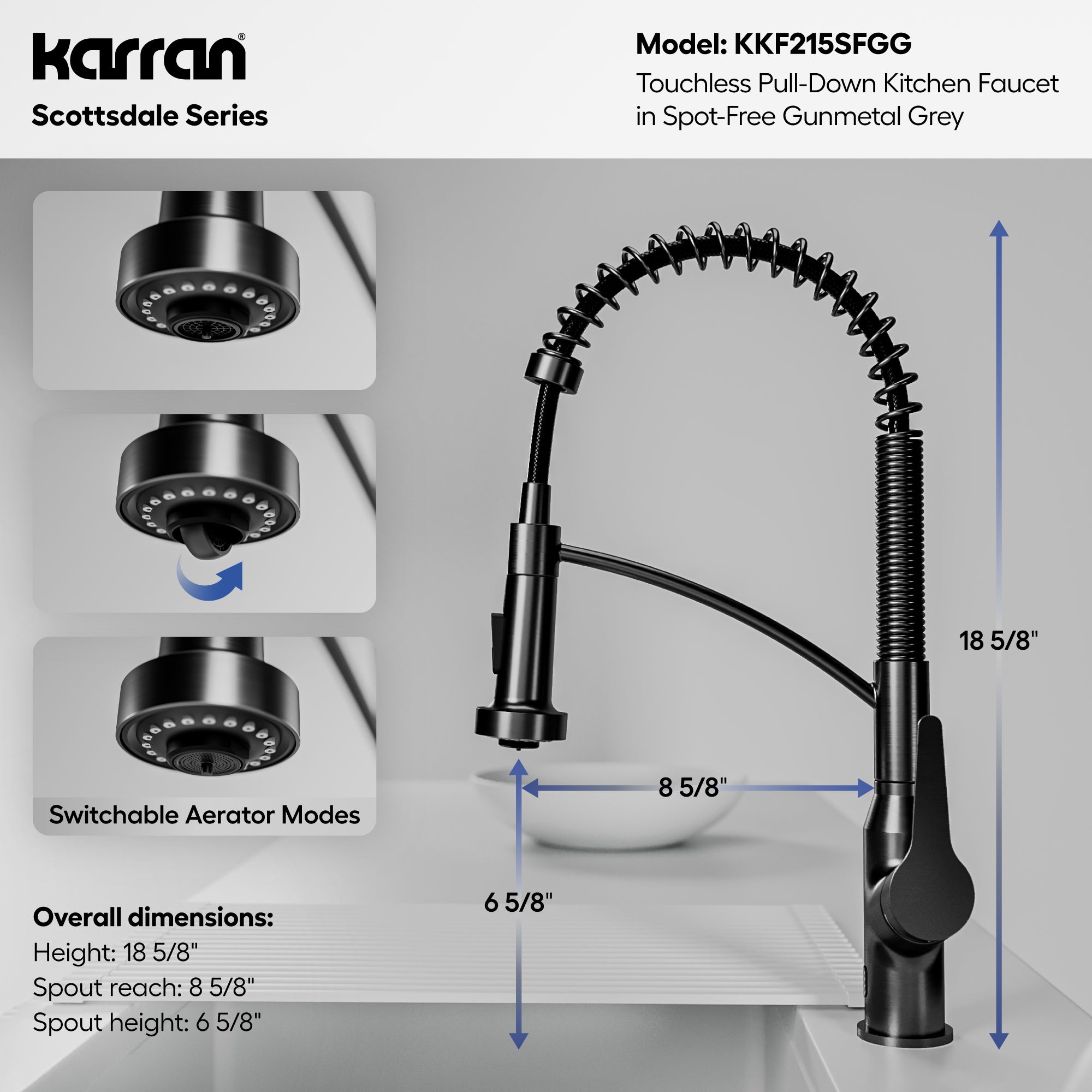 Karran scottsdale touchless pull-down kitchen faucet spot-free gunmetal grey informational image