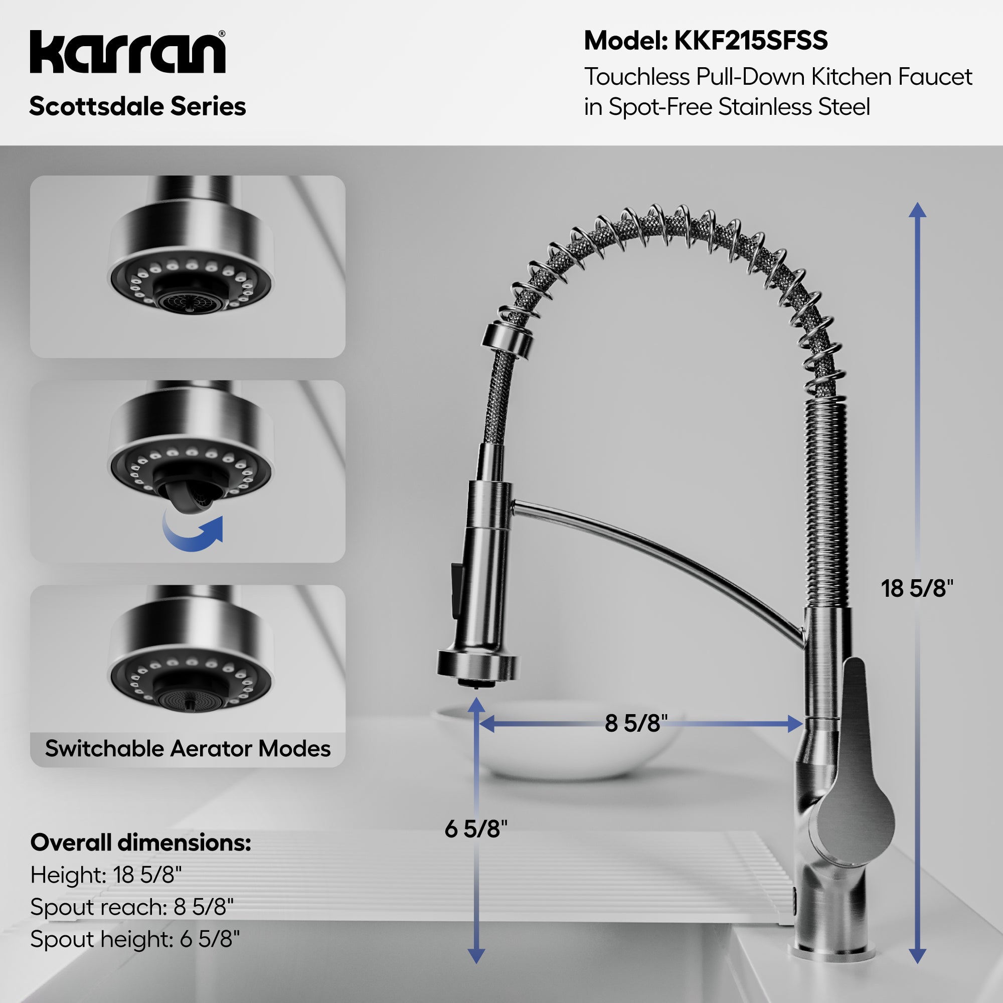 Karran scottsdale touchless pull-down kitchen faucet spot free stainless steel informational image